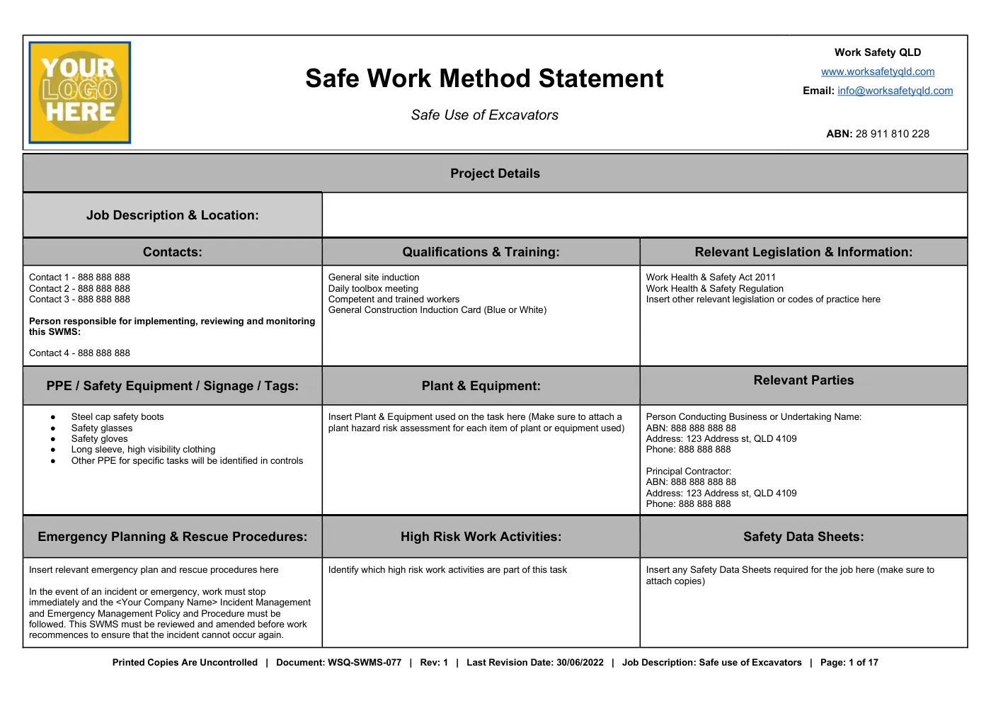 Excavator SWMS: sample page 1