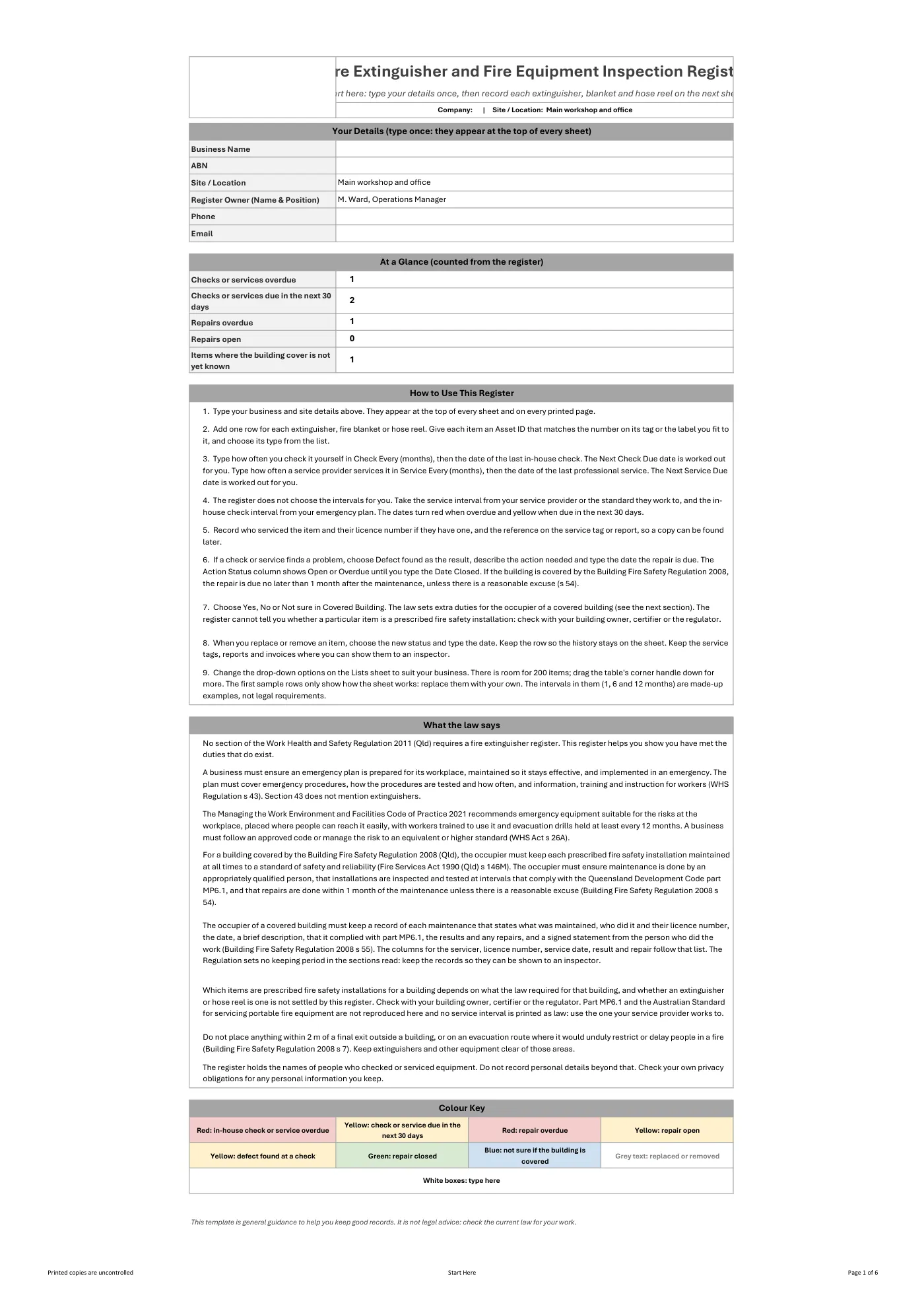 Fire Extinguisher and Fire Equipment Inspection Register: sample page 1