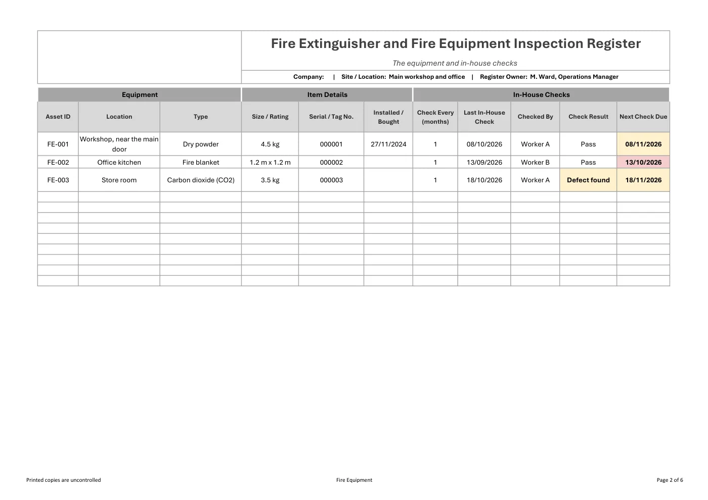 Fire Extinguisher and Fire Equipment Inspection Register: sample page 2