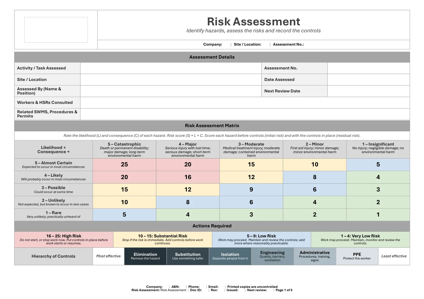 Free risk assessment template, page 1