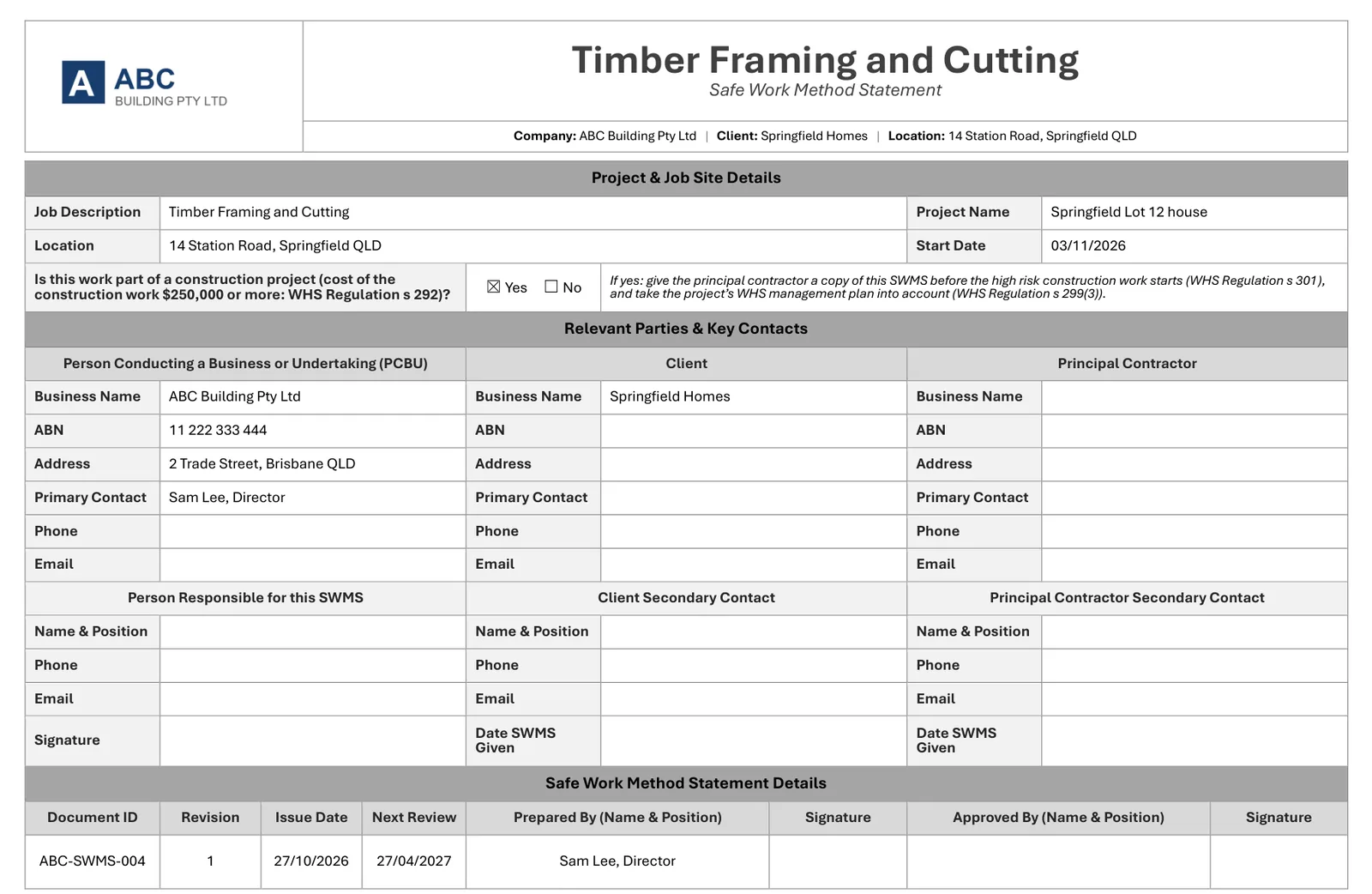 Page 1 of a SWMS template filled in with a business logo, job description and site details