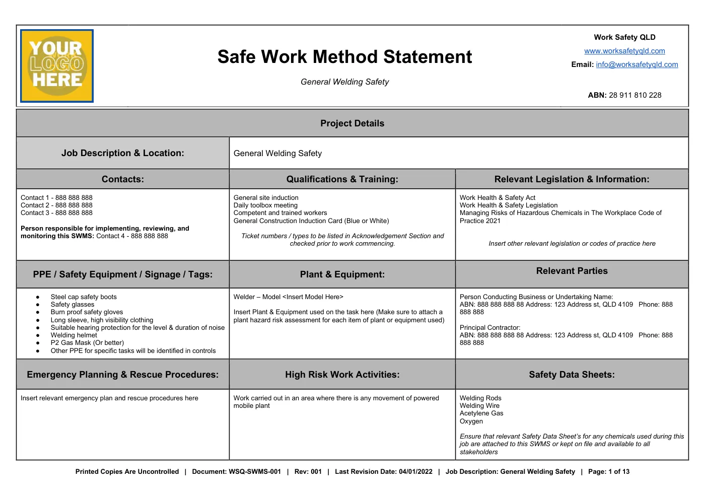 General Welding SWMS: sample page 1