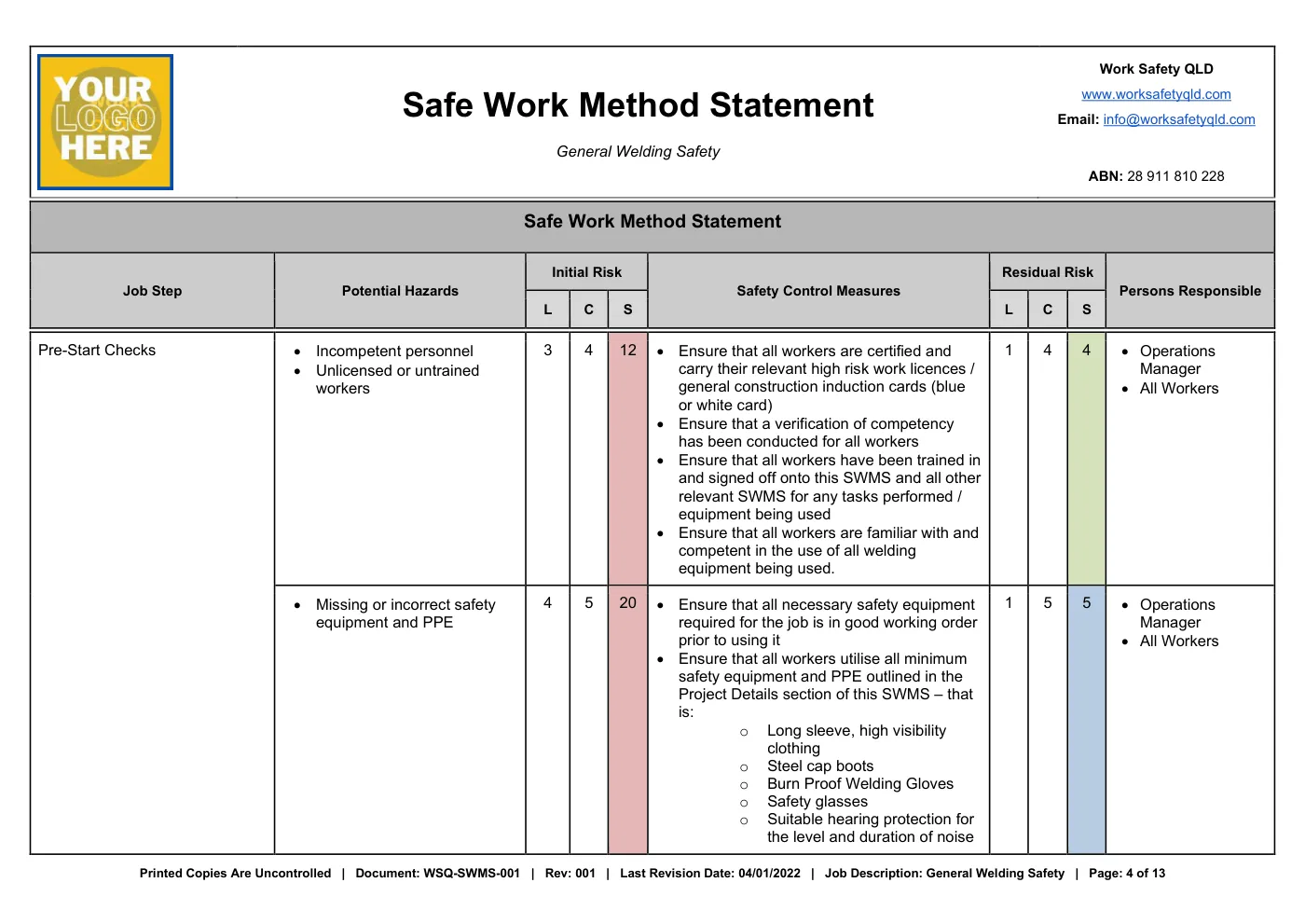 General Welding SWMS: sample page 4