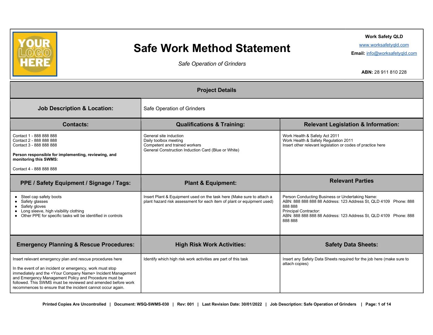 Grinder Operation SWMS: sample page 1