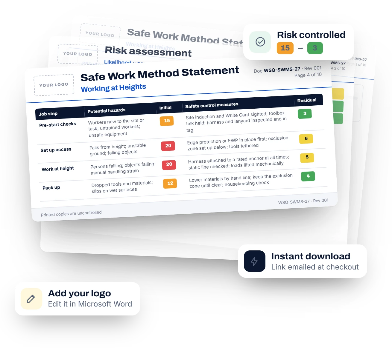 Preview of a Work Safety QLD SWMS: job steps, hazards, risk ratings and controls
