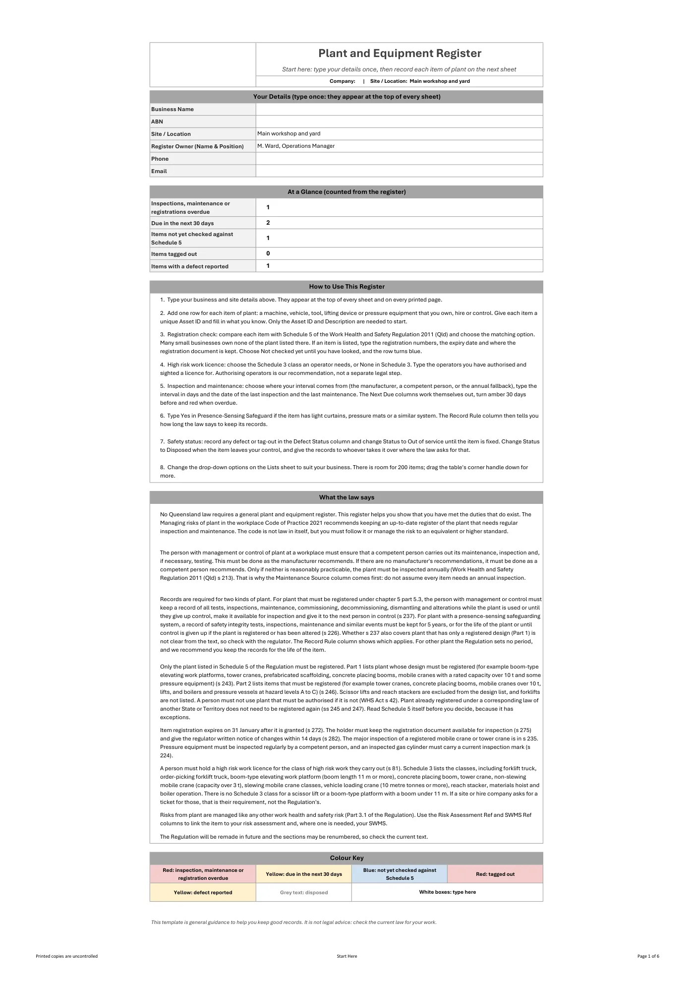 Plant and Equipment Register: sample page 1