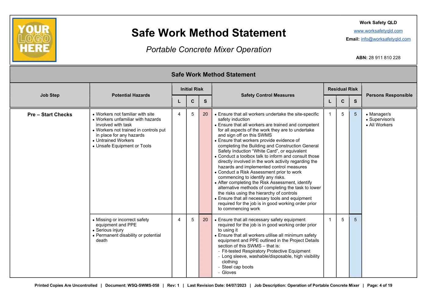 Portable Concrete Mixer SWMS Template: sample page 4