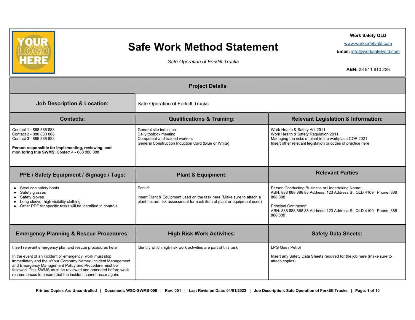 Safe Operation of Forklift SWMS: sample page 1