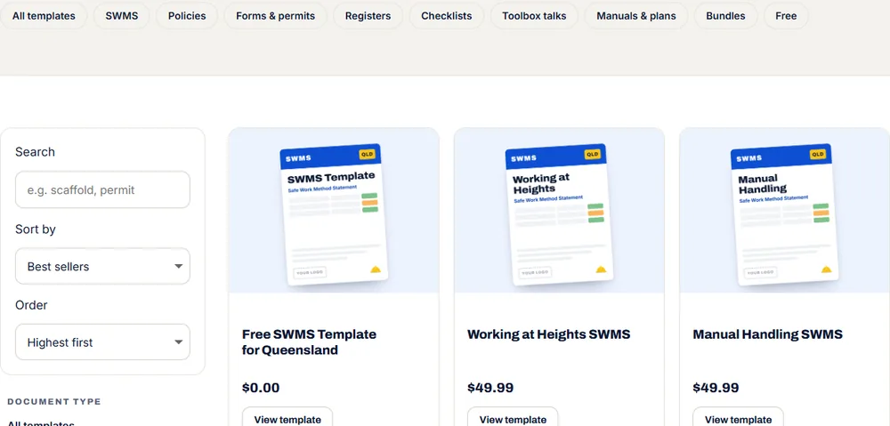 The Work Safety QLD store with document type filters and SWMS template cards