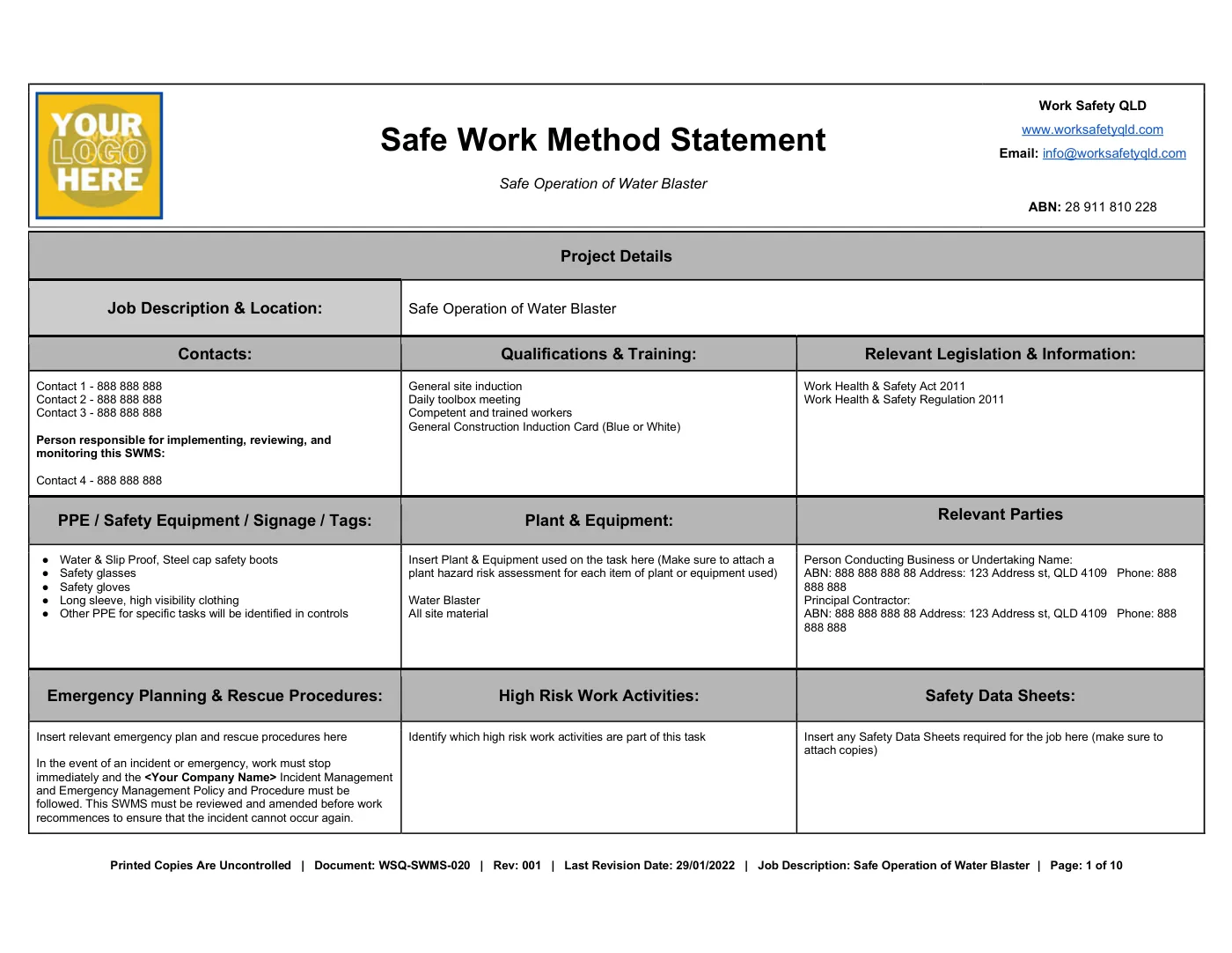 Water Blaster SWMS: sample page 1