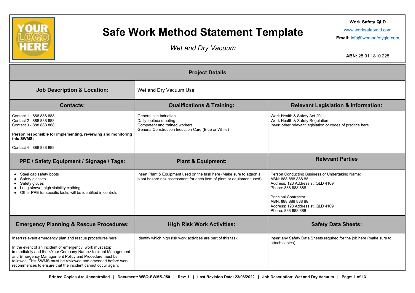 Wet and Dry Vacuum SWMS: sample page 1