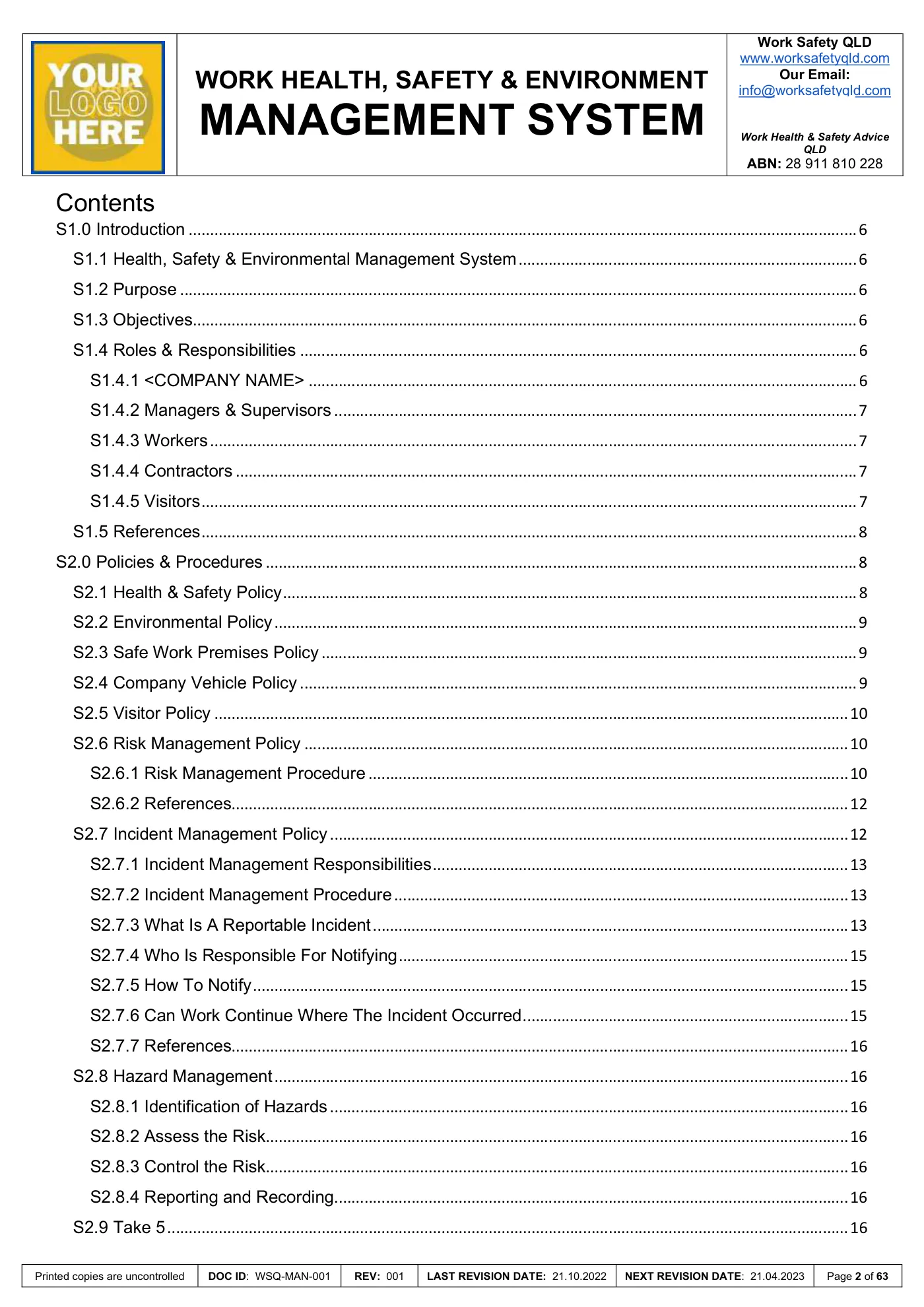 WHS Manual Template: sample page 2