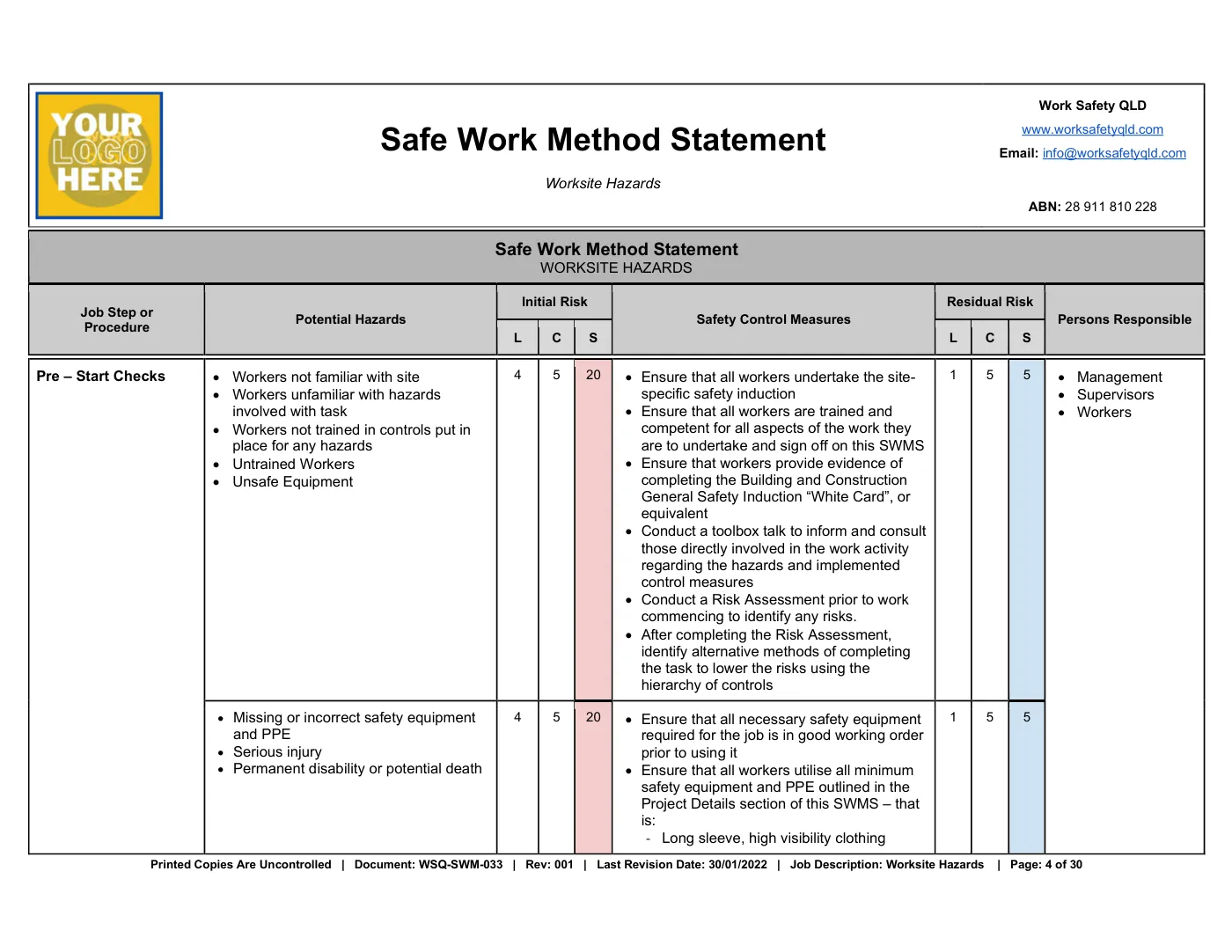 Worksite Hazards SWMS: sample page 4