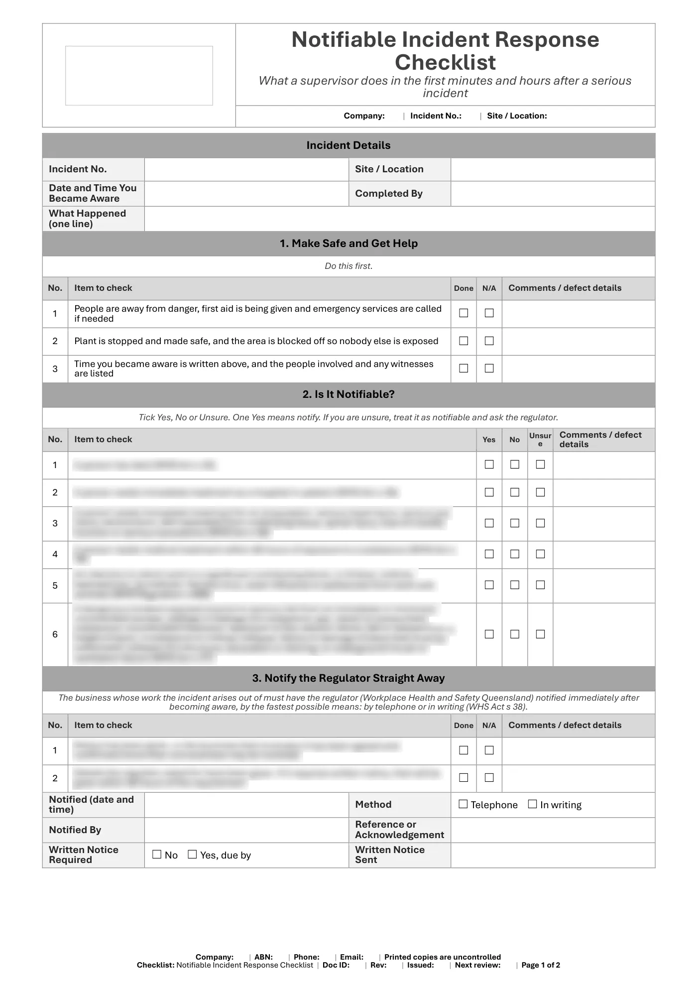 Notifiable Incident Response Checklist: sample page 1