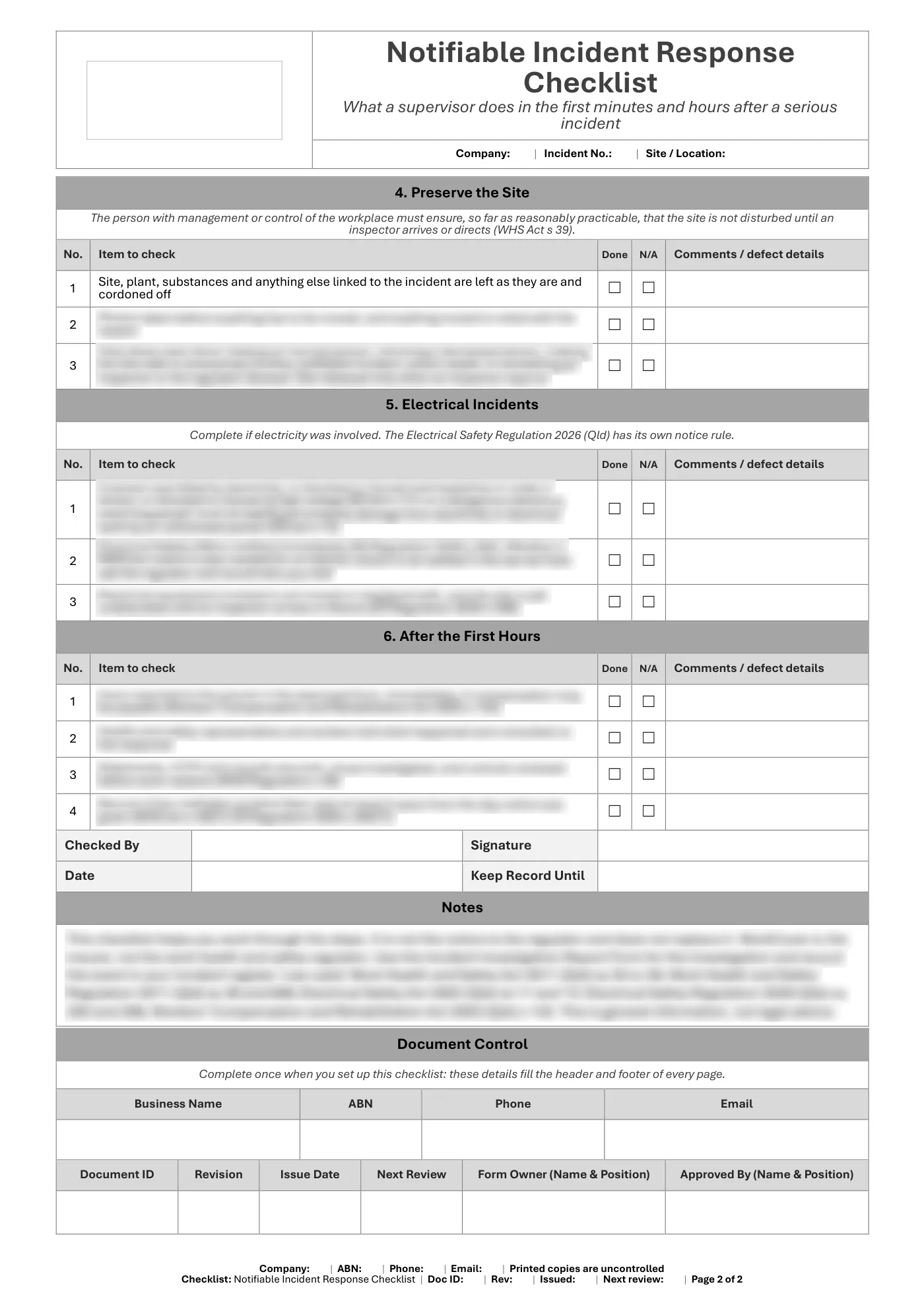 Notifiable Incident Response Checklist: sample page 2