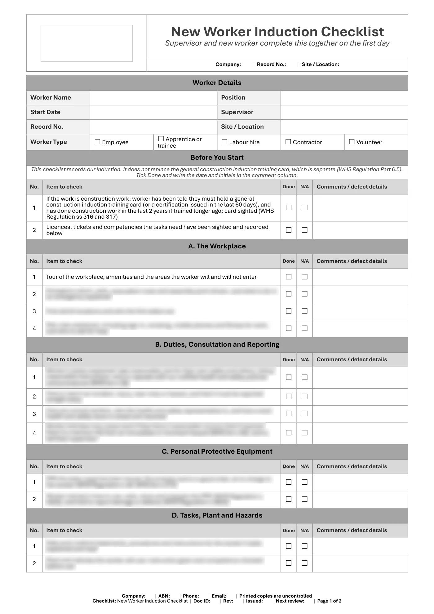 New Worker Induction Checklist: sample page 1