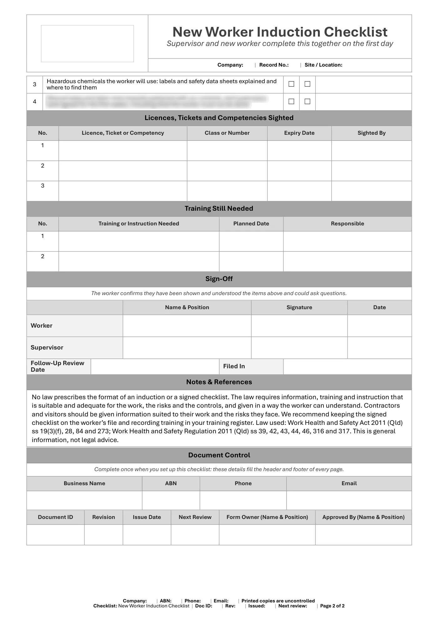 New Worker Induction Checklist: sample page 2