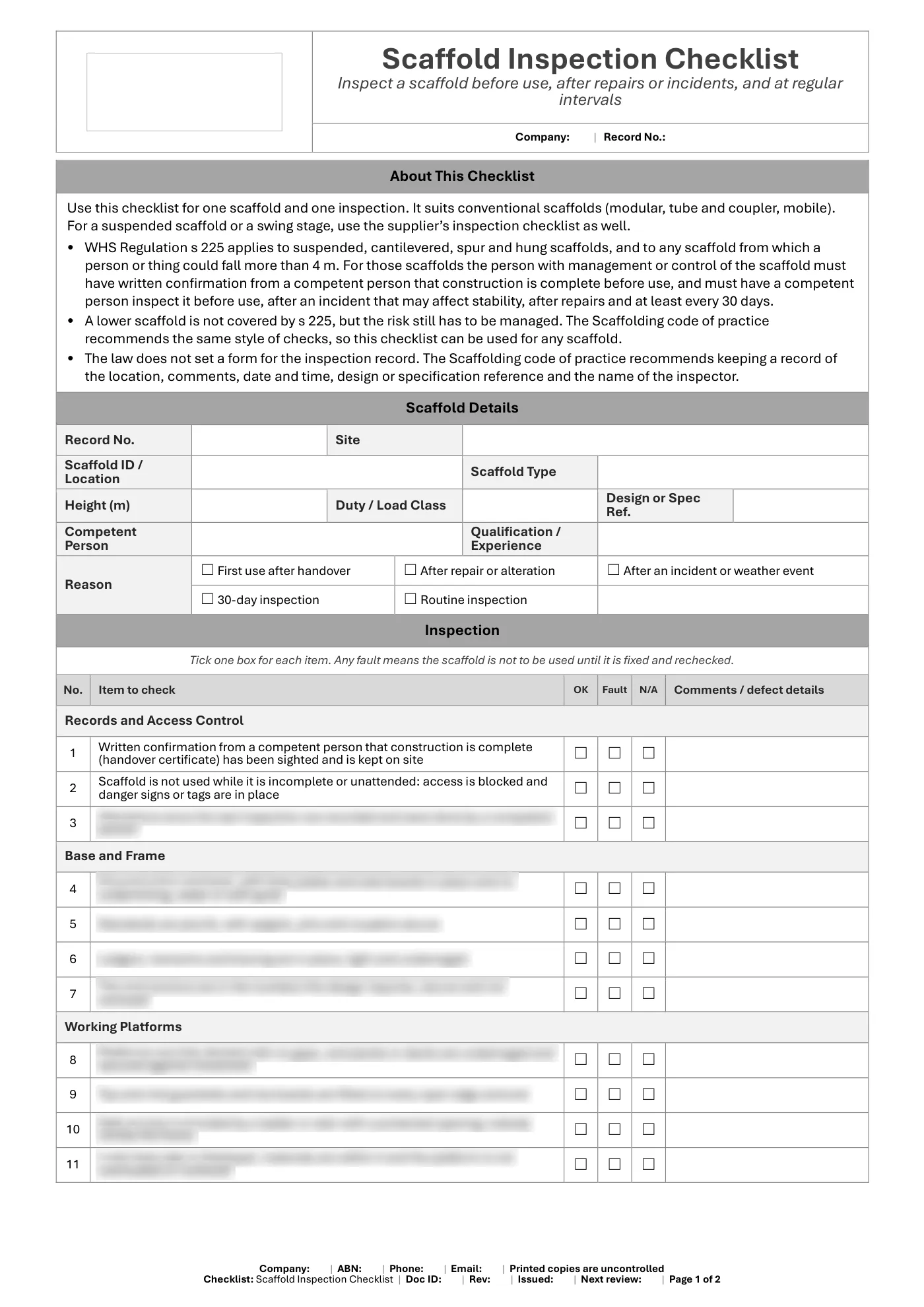 Scaffold Inspection Checklist: sample page 1
