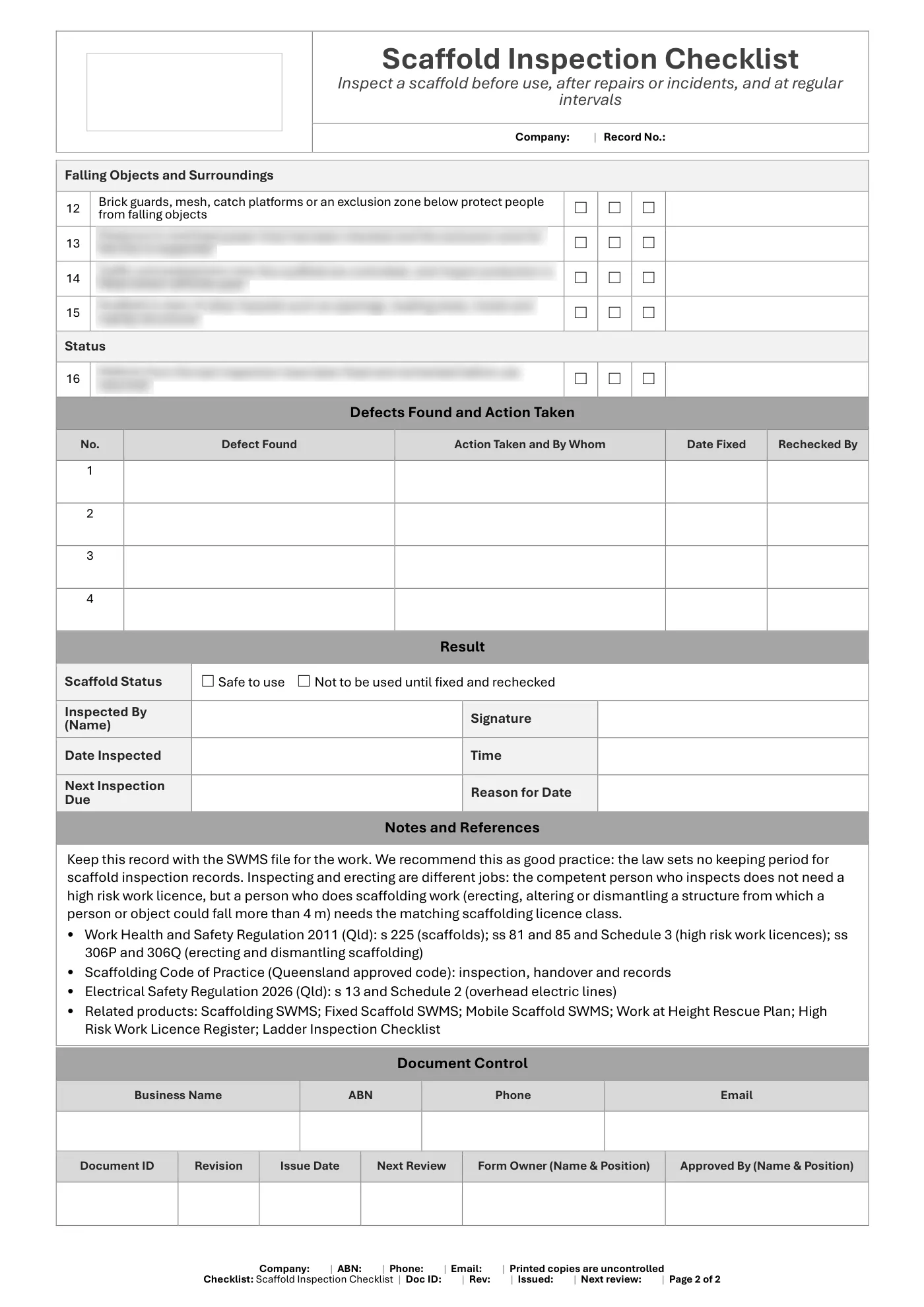 Scaffold Inspection Checklist: sample page 2