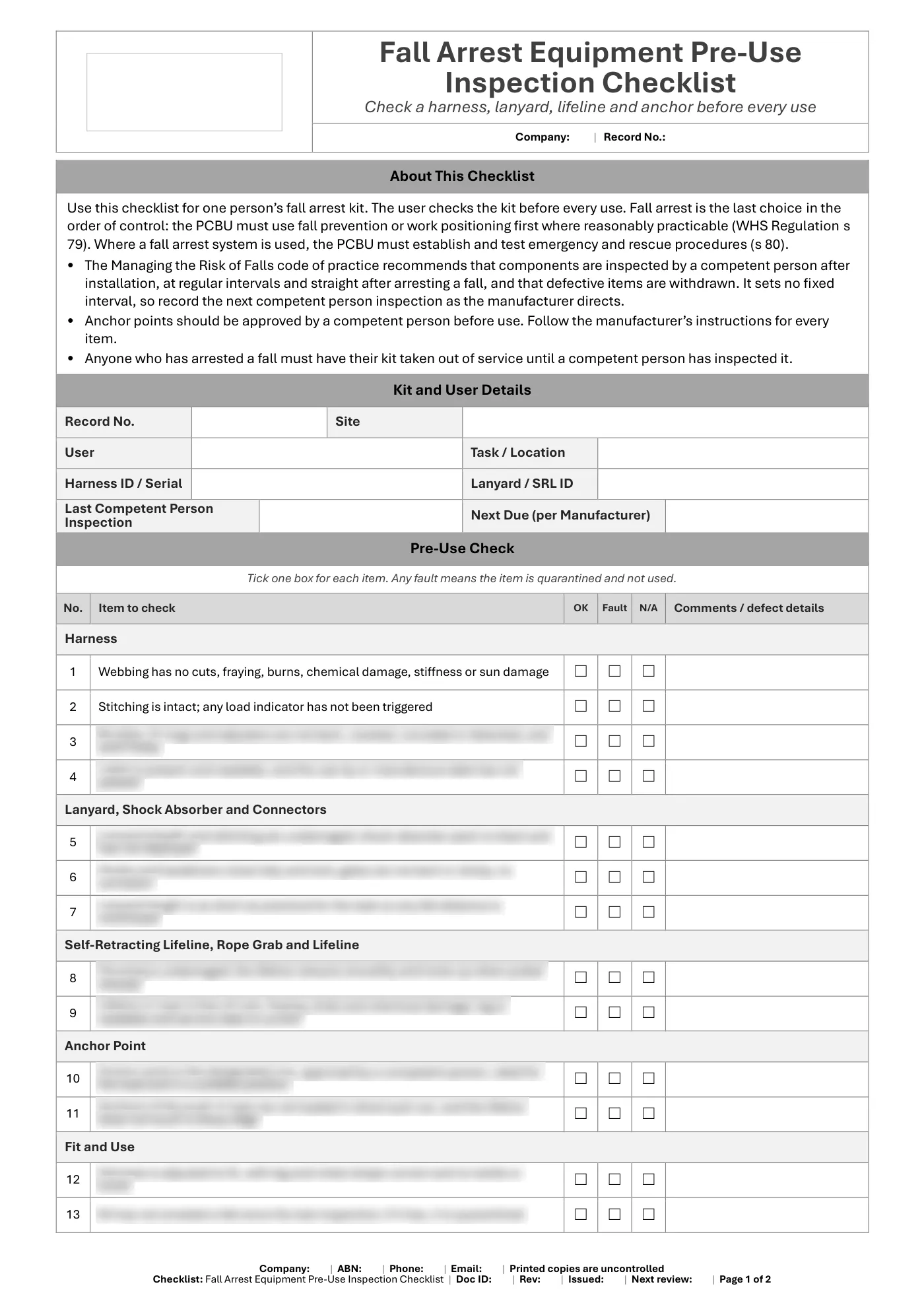 Fall Arrest Equipment Pre-Use Inspection Checklist: sample page 1