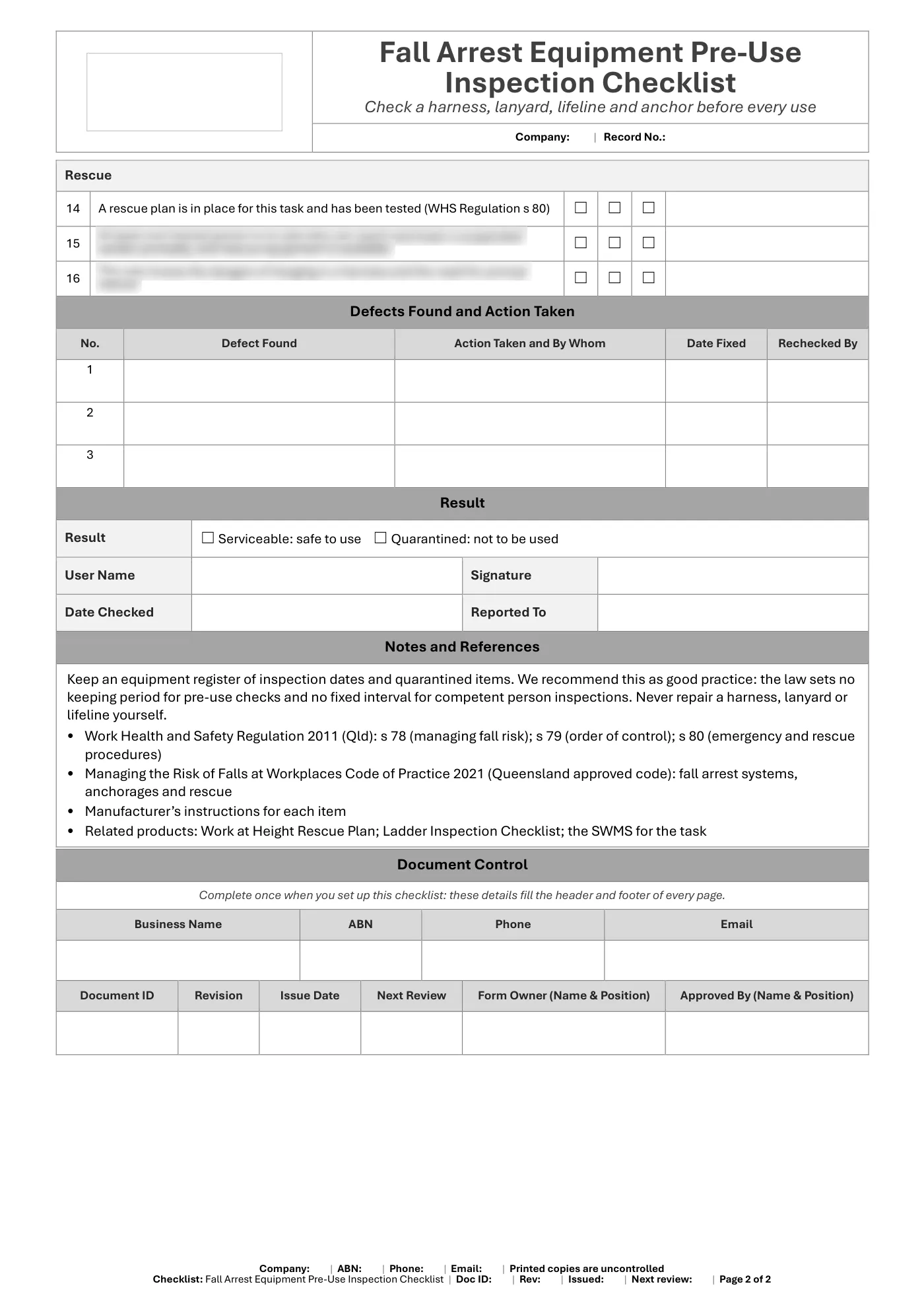 Fall Arrest Equipment Pre-Use Inspection Checklist: sample page 2