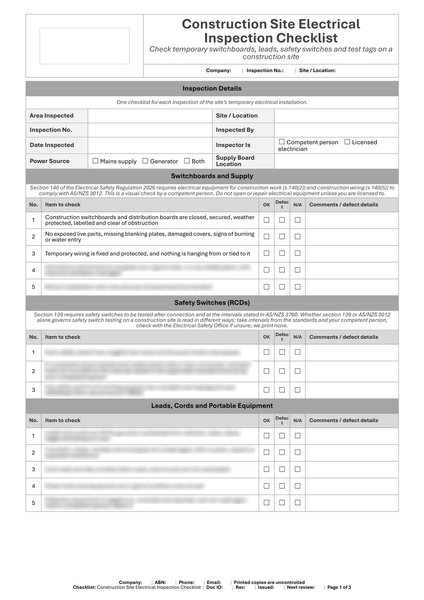 Construction Site Electrical Inspection Checklist: sample page 1