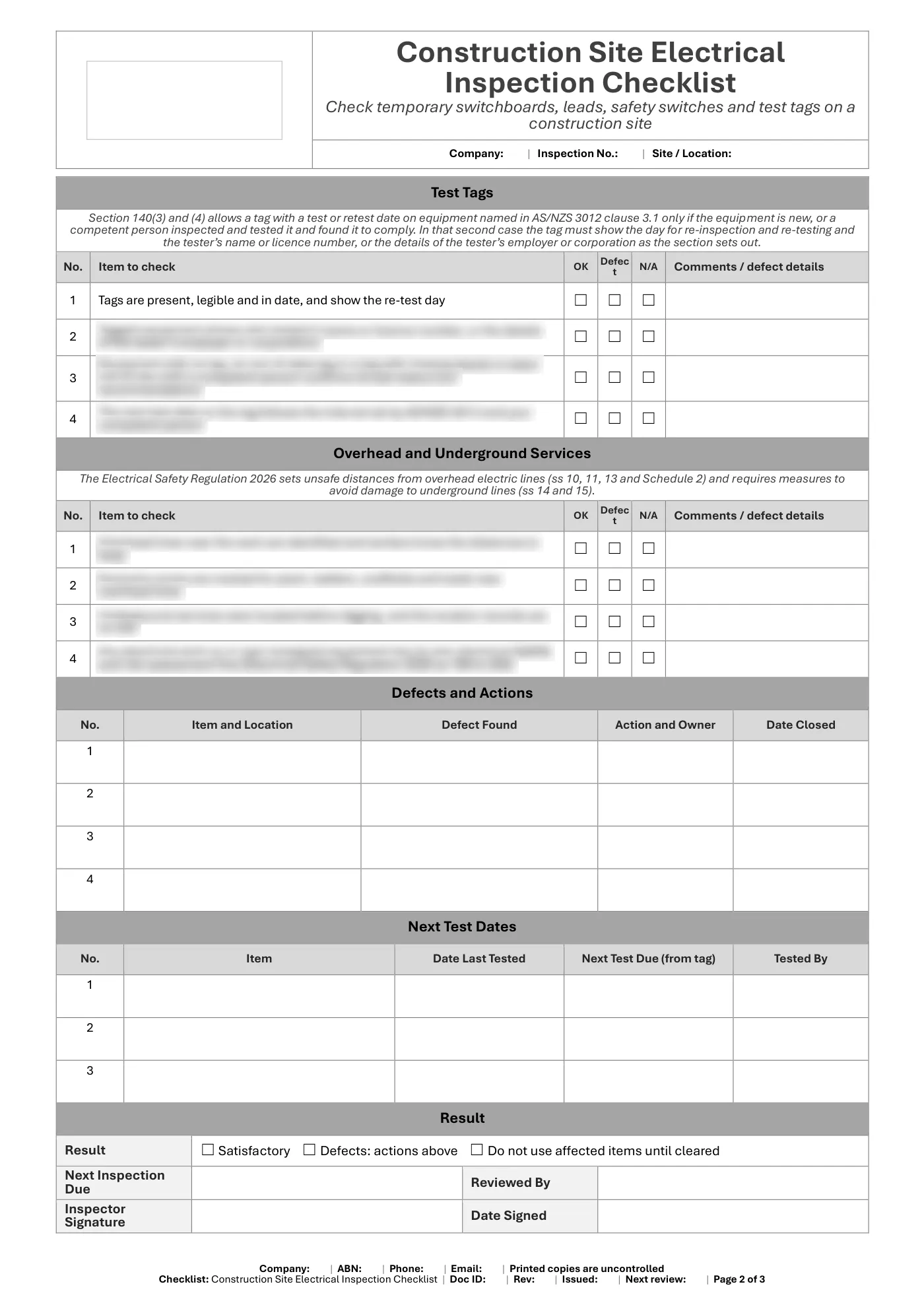 Construction Site Electrical Inspection Checklist: sample page 2