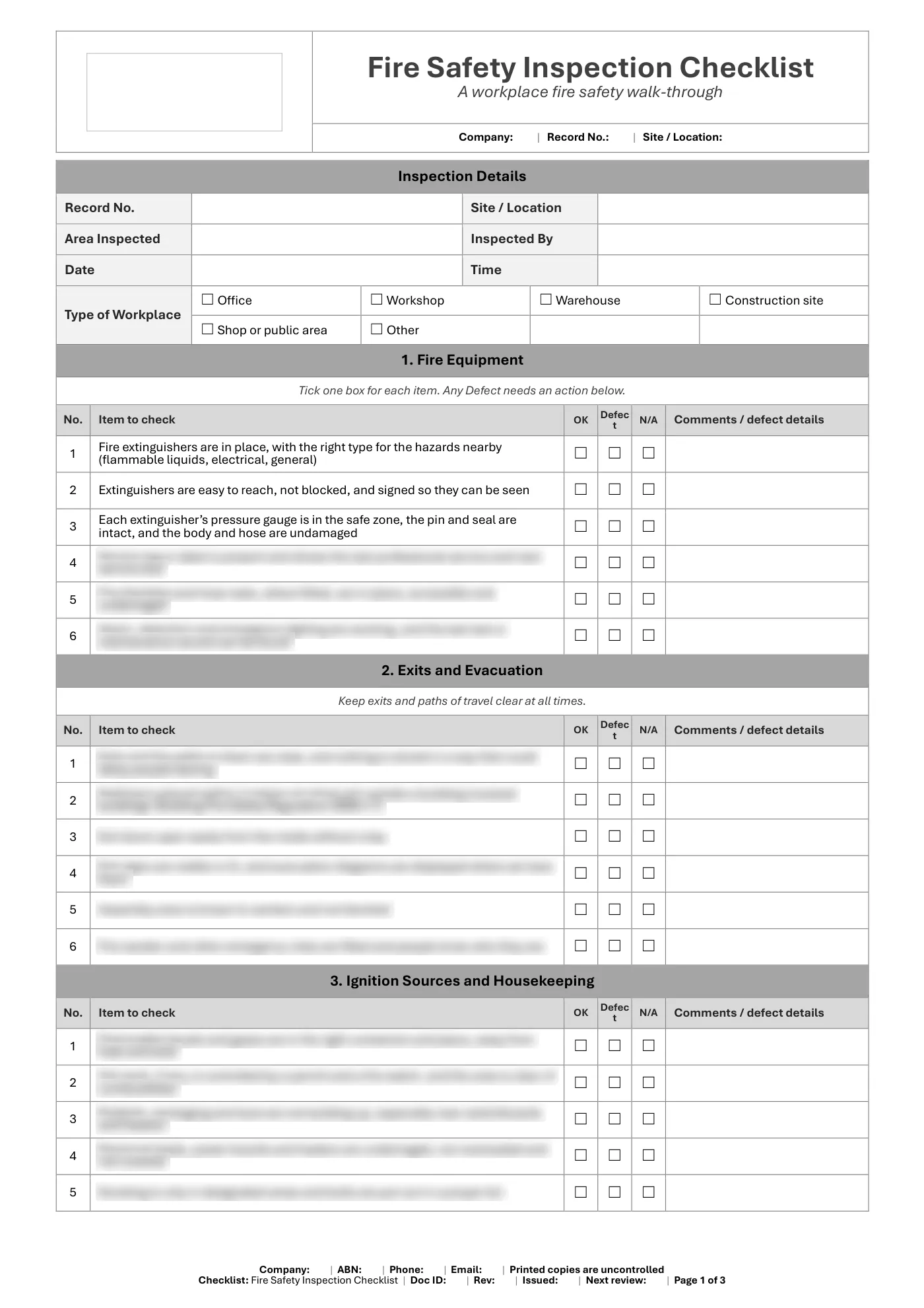 Fire Safety Inspection Checklist: sample page 1