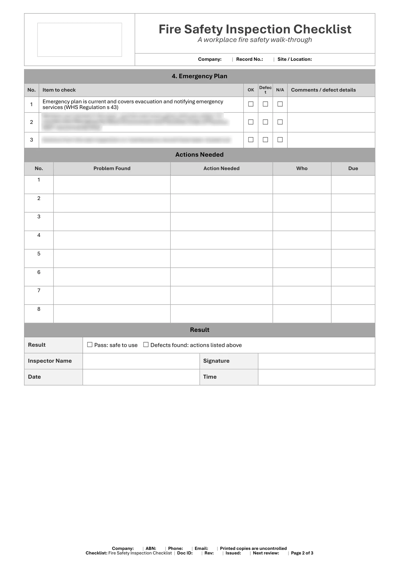 Fire Safety Inspection Checklist: sample page 2