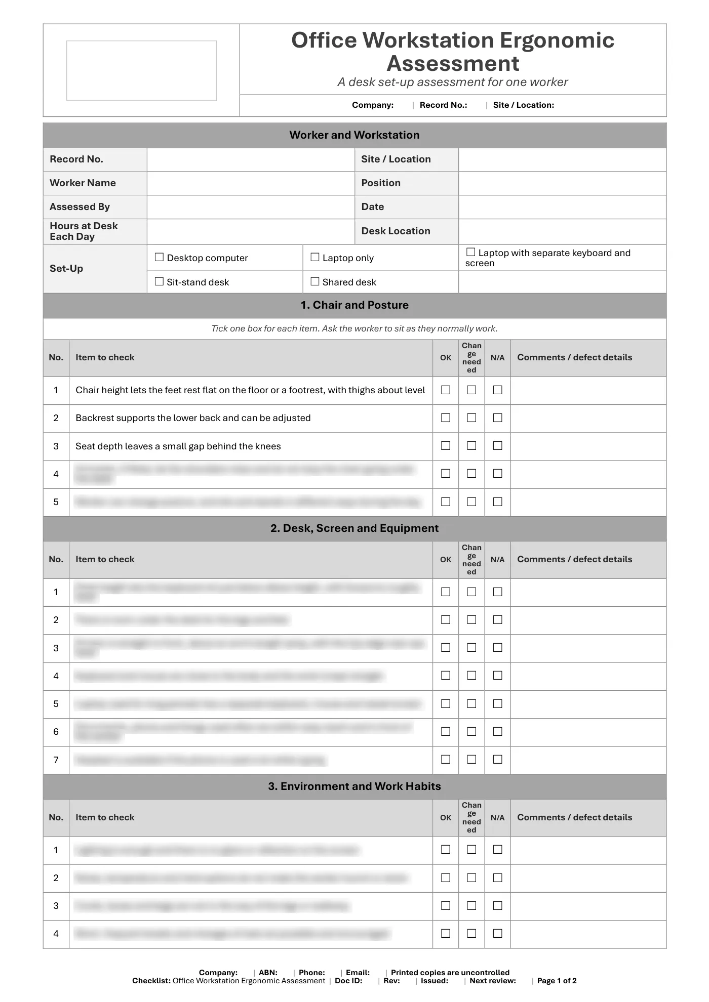 Office Workstation Ergonomic Assessment Checklist: sample page 1
