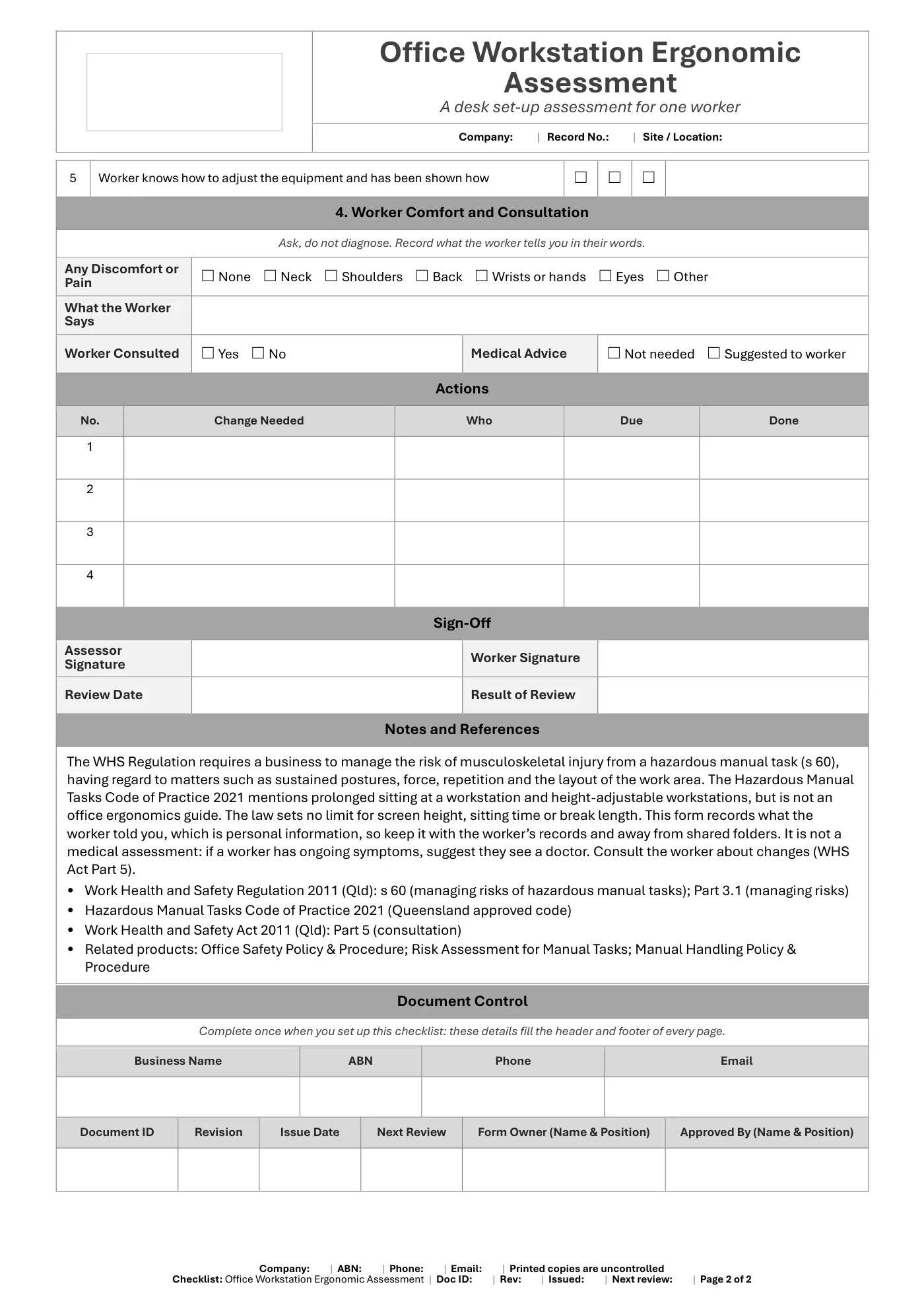 Office Workstation Ergonomic Assessment Checklist: sample page 2