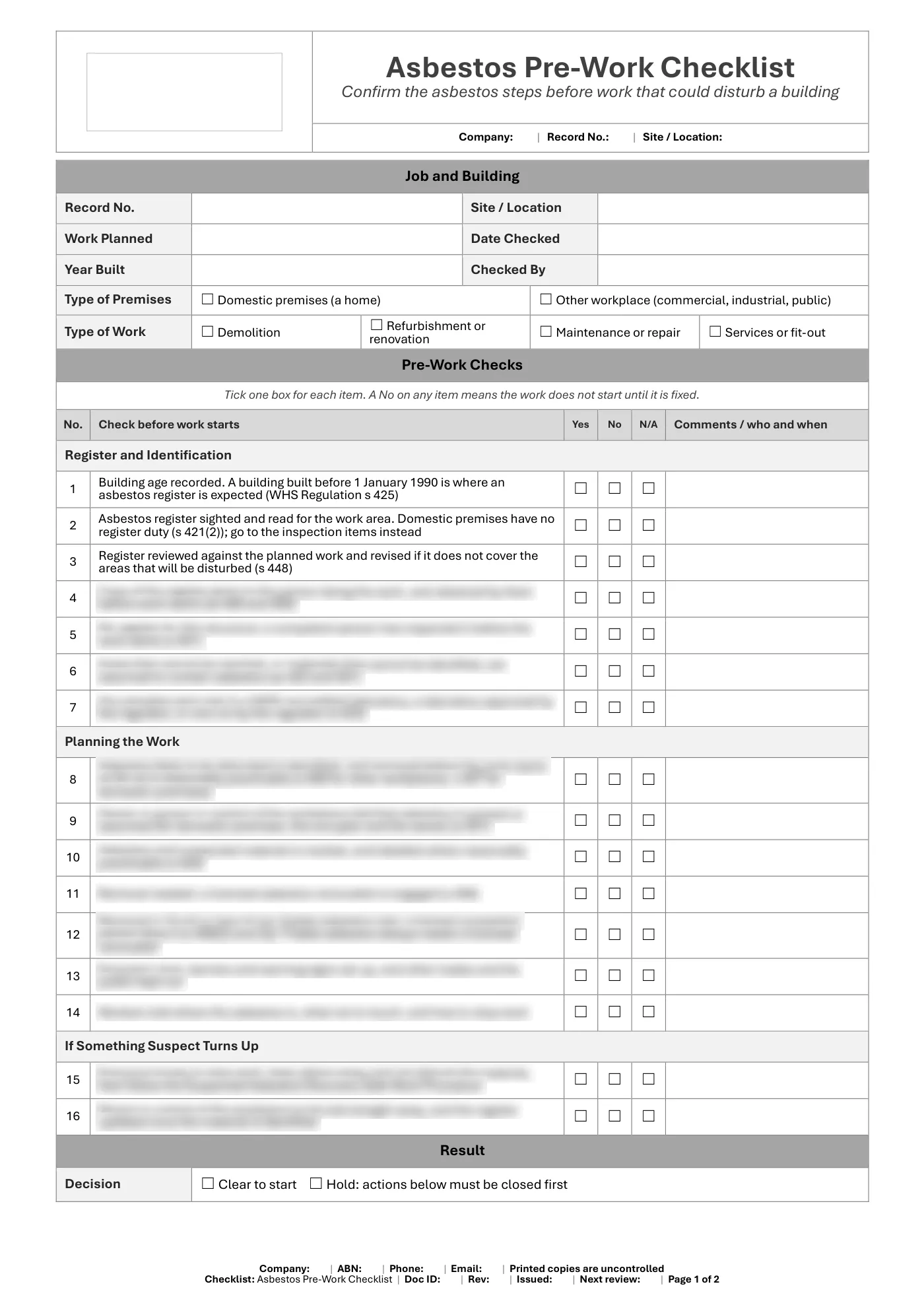 Asbestos Pre-Work Checklist: sample page 1