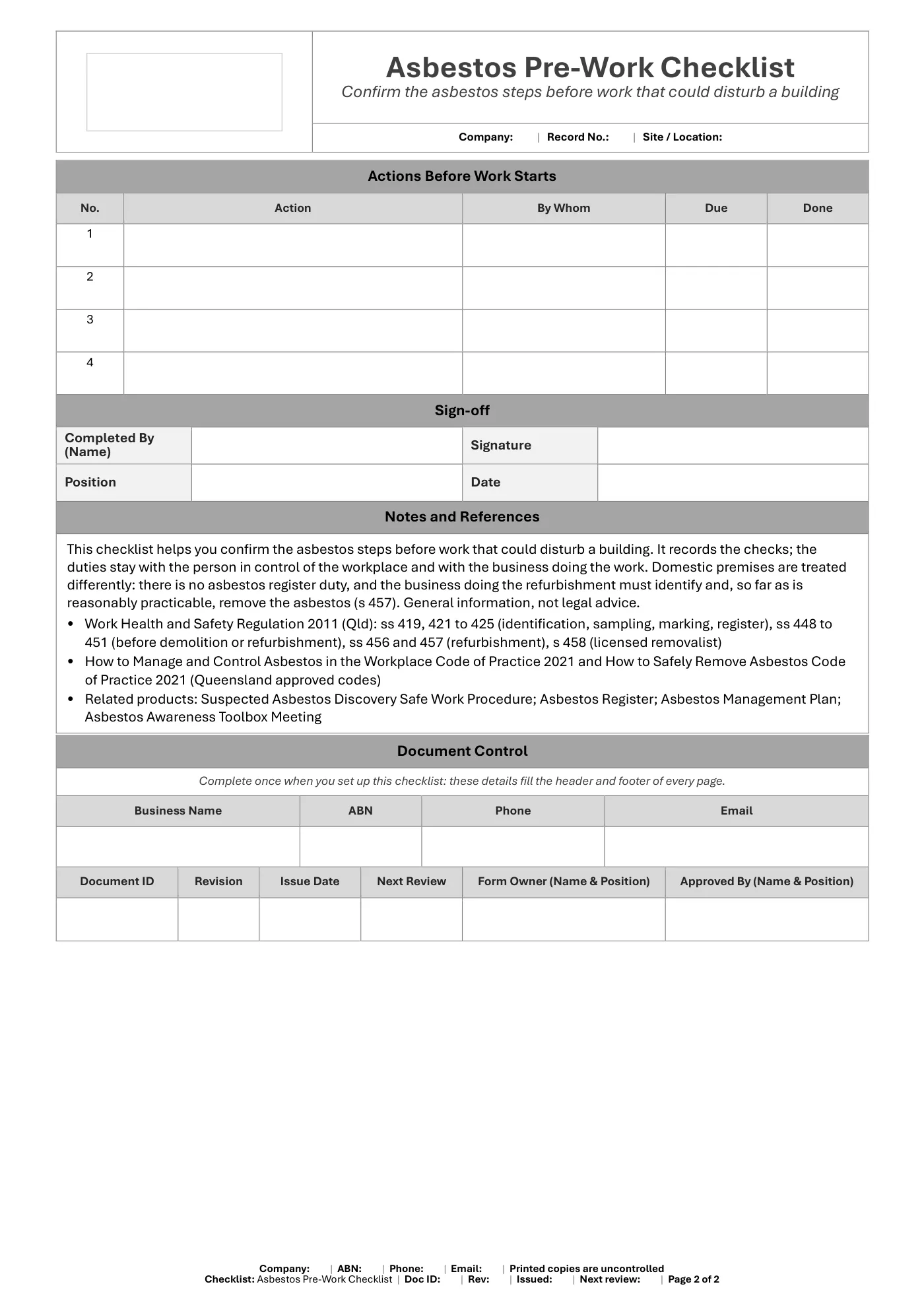 Asbestos Pre-Work Checklist: sample page 2
