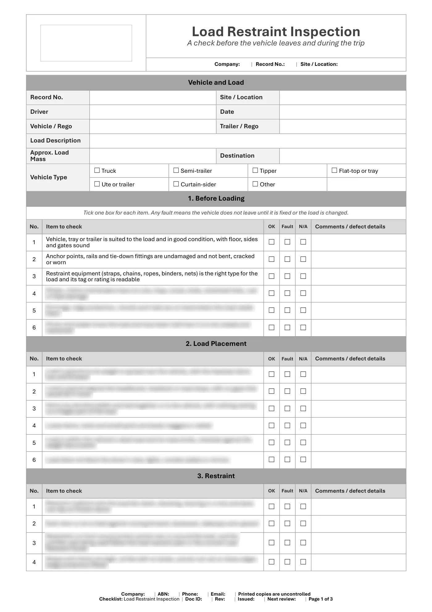 Load Restraint Inspection Checklist: sample page 1