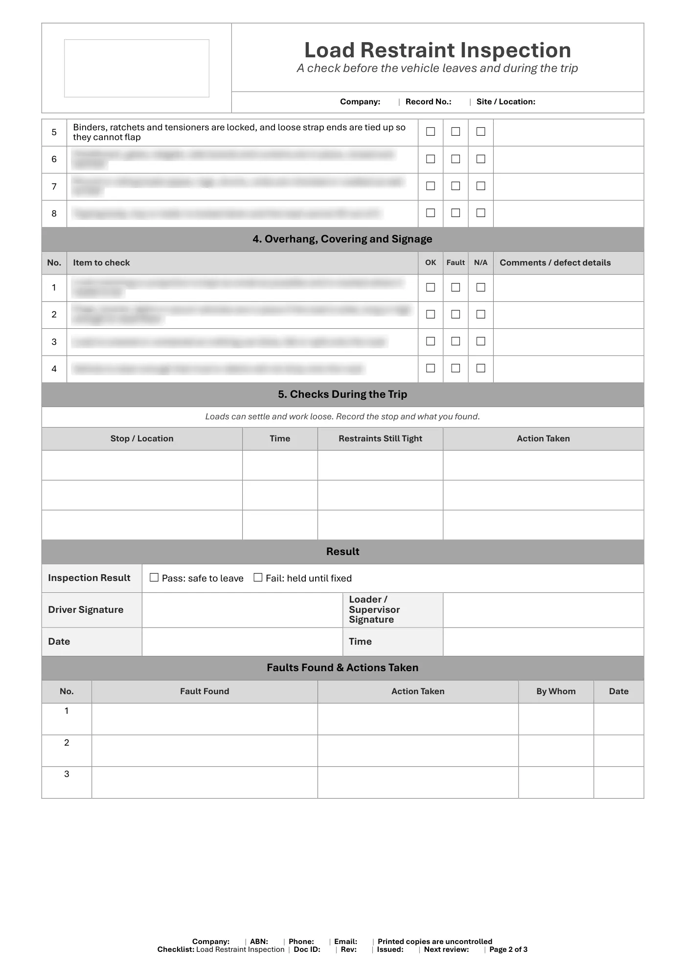 Load Restraint Inspection Checklist: sample page 2