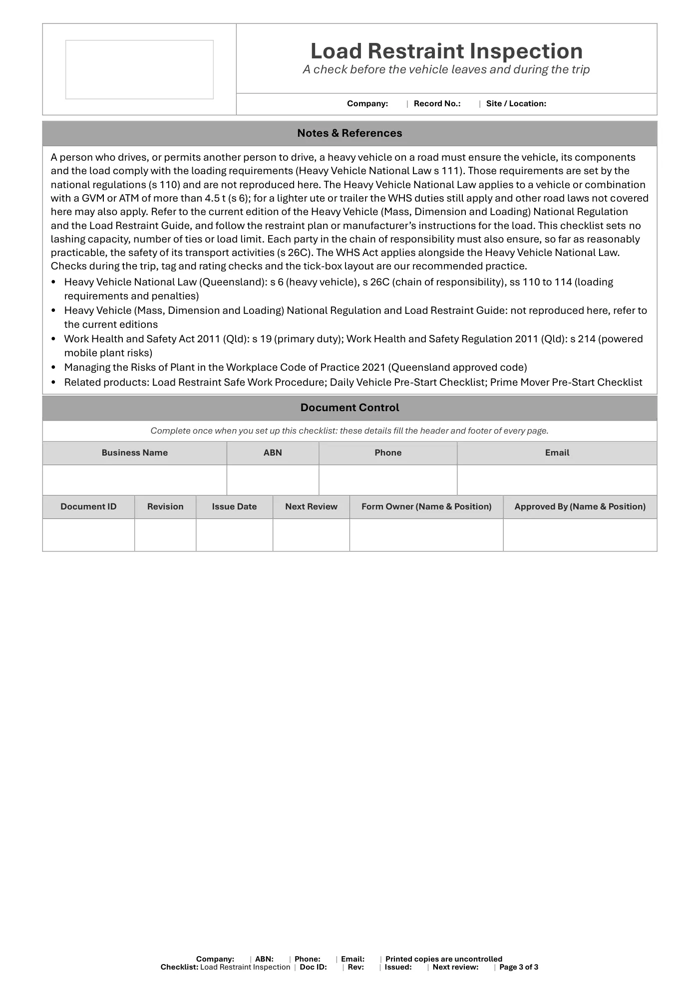 Load Restraint Inspection Checklist: sample page 3