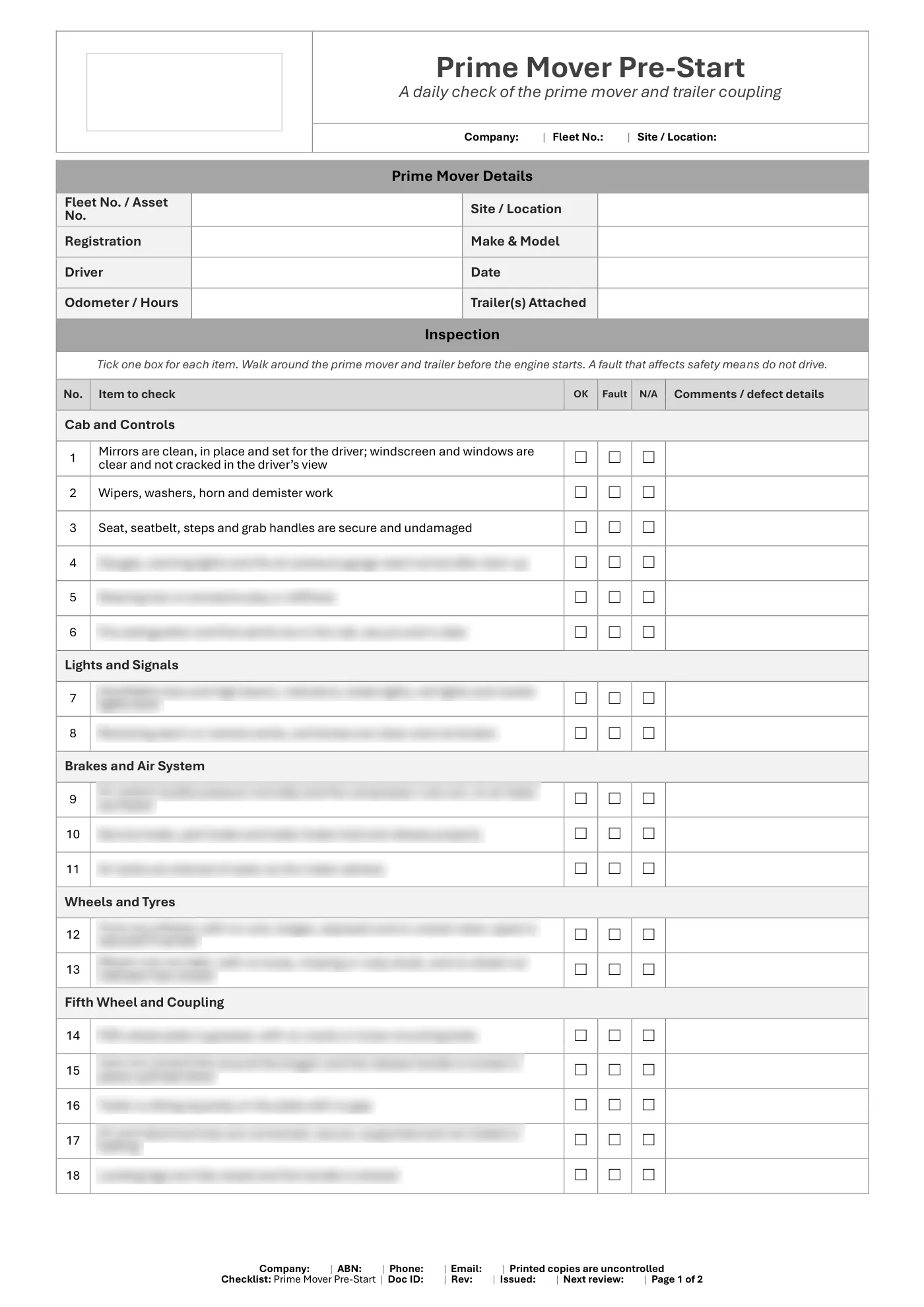 Prime Mover Pre-Start Checklist: sample page 1