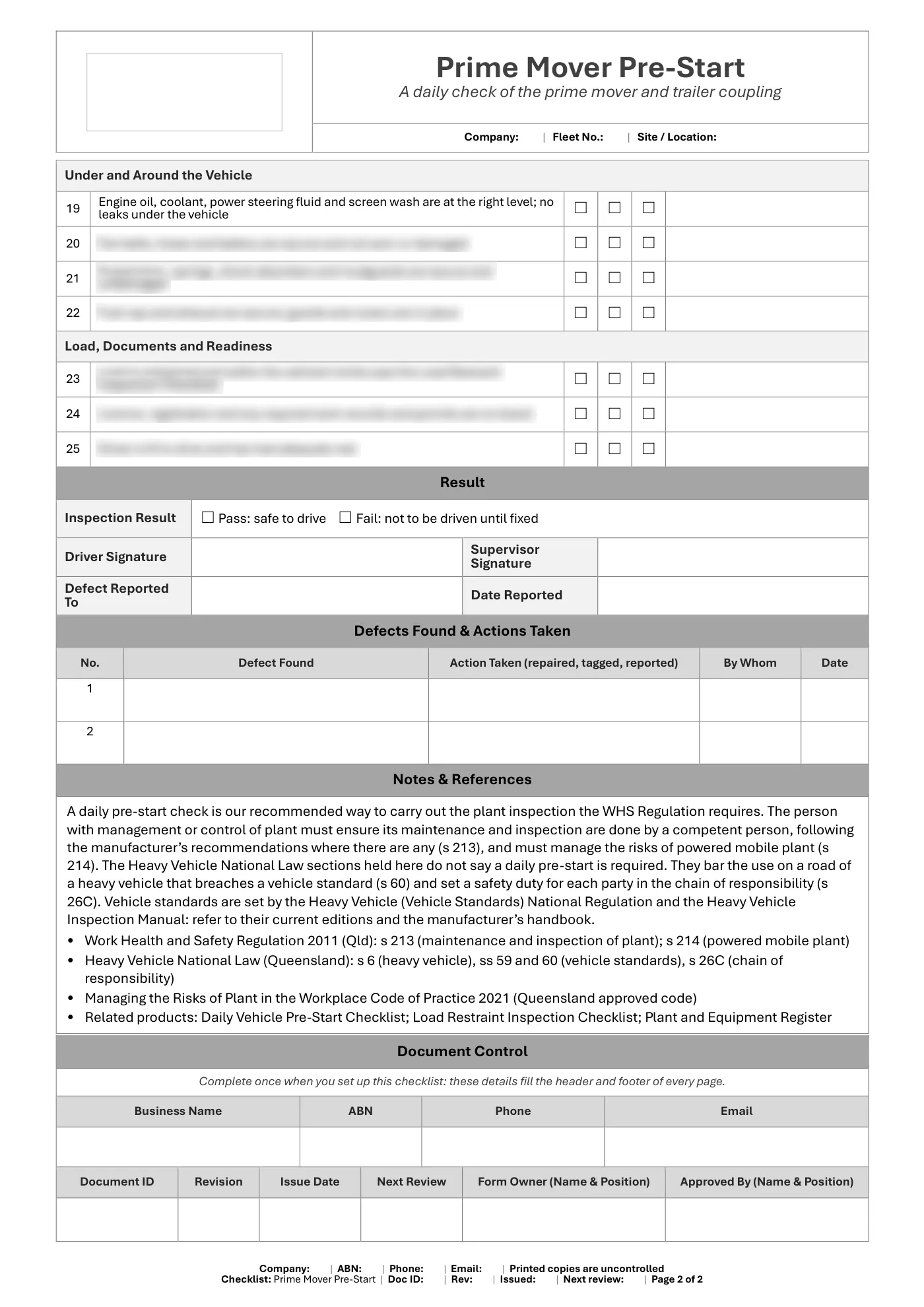 Prime Mover Pre-Start Checklist: sample page 2