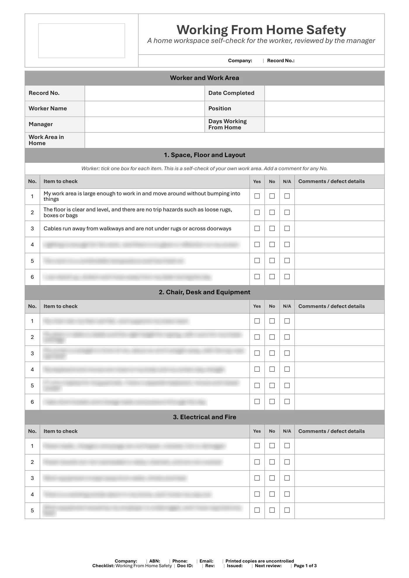 Working From Home Safety Checklist: sample page 1
