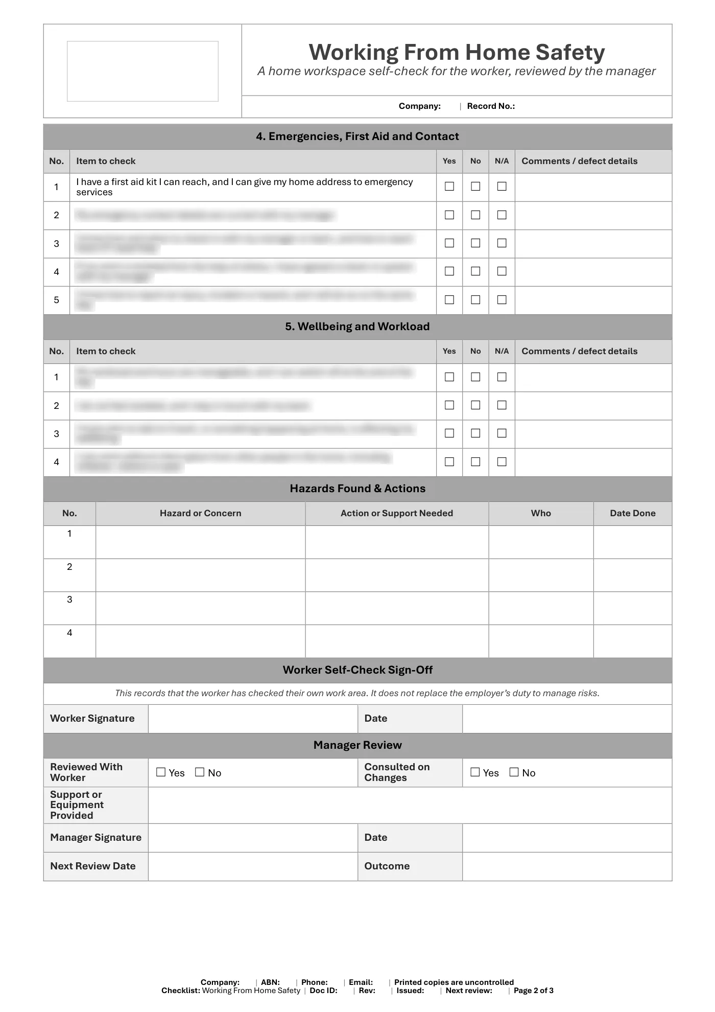 Working From Home Safety Checklist: sample page 2
