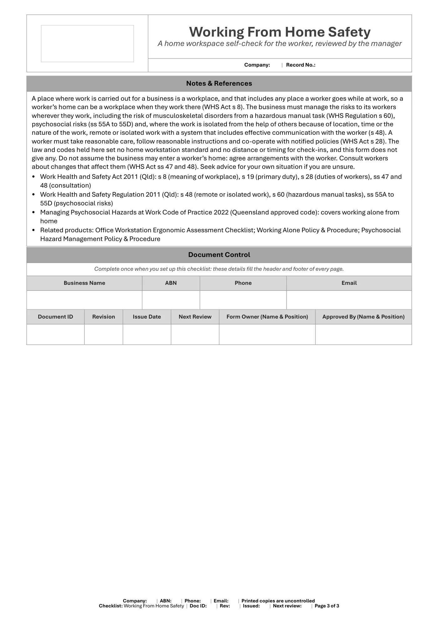 Working From Home Safety Checklist: sample page 3
