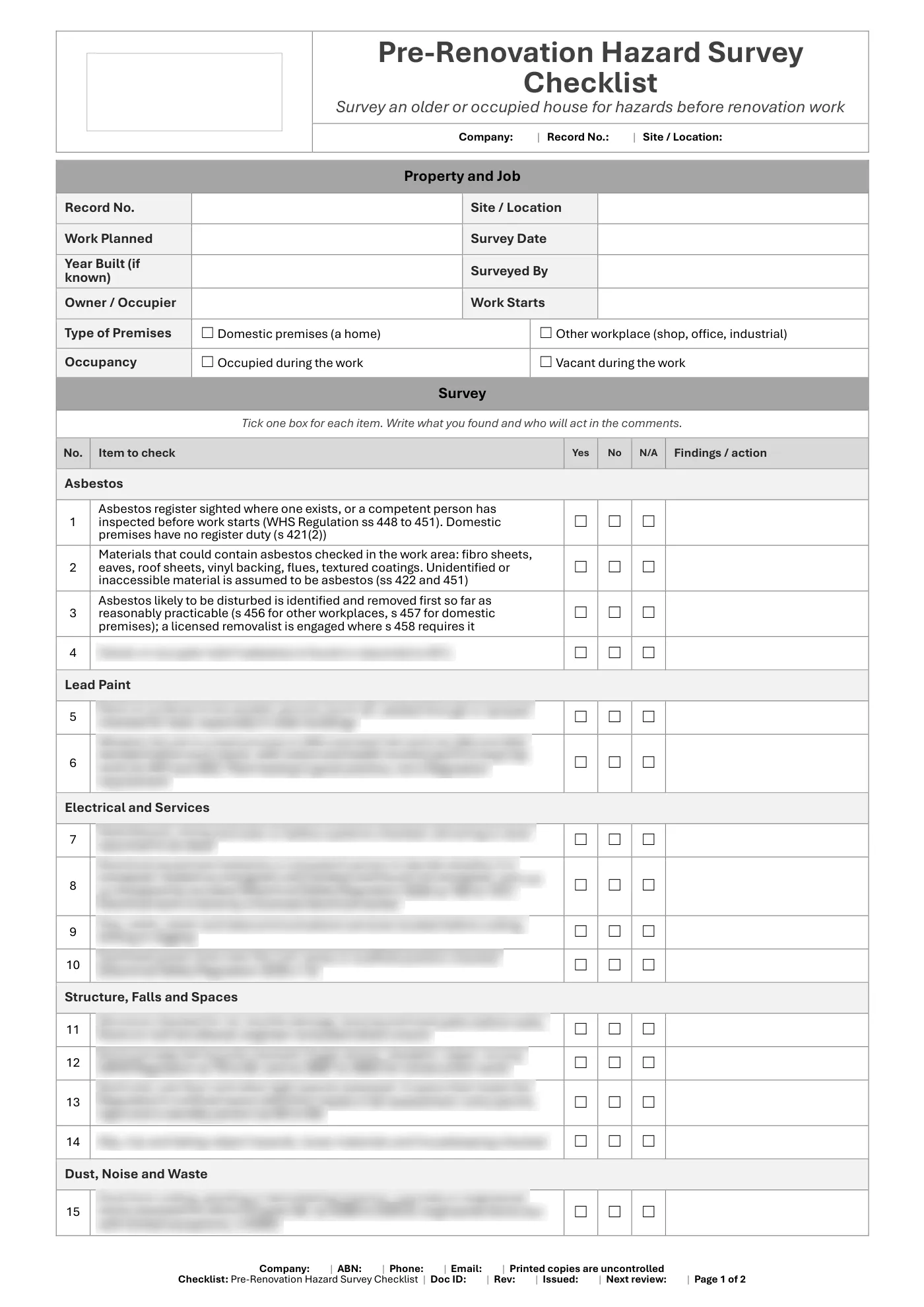 Pre-Renovation Hazard Survey Checklist: sample page 1
