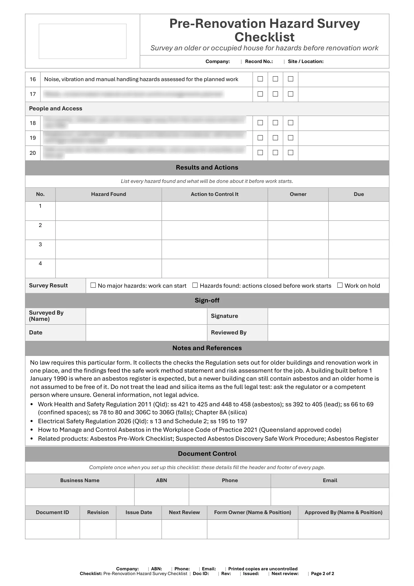 Pre-Renovation Hazard Survey Checklist: sample page 2