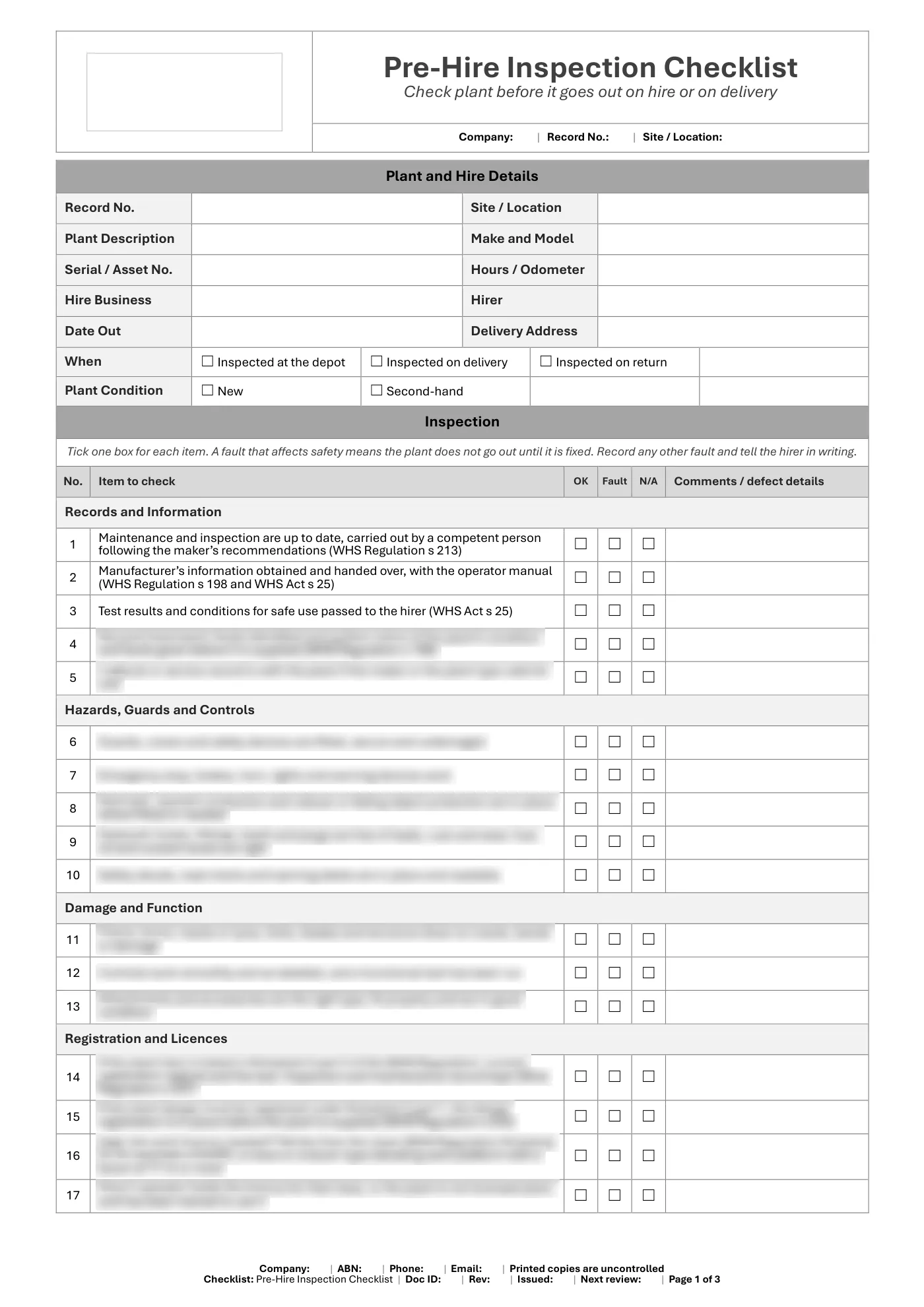 Pre-Hire Inspection Checklist: sample page 1
