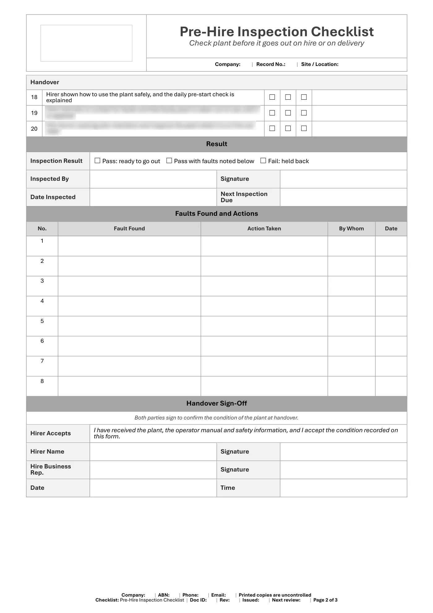 Pre-Hire Inspection Checklist: sample page 2