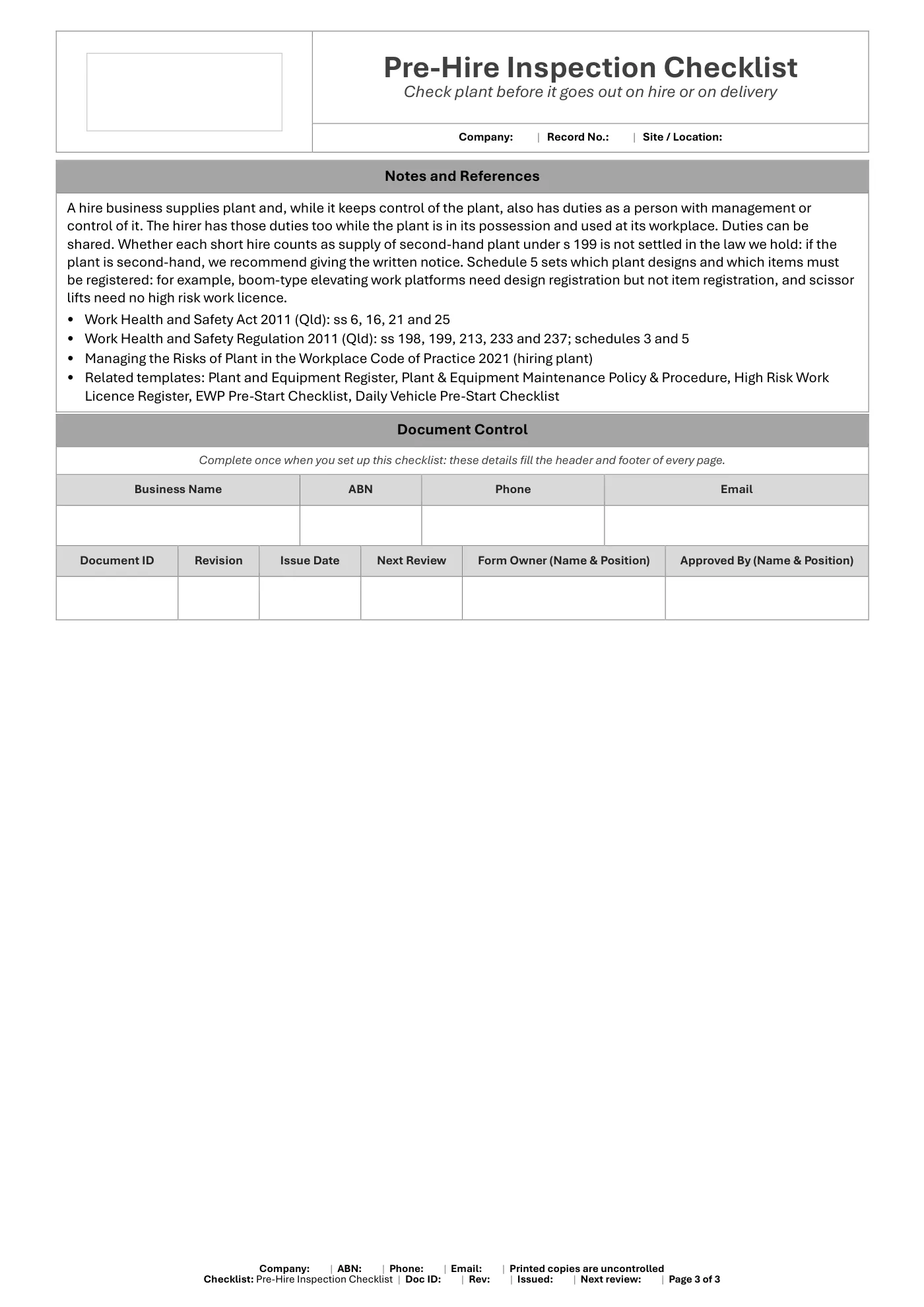 Pre-Hire Inspection Checklist: sample page 3