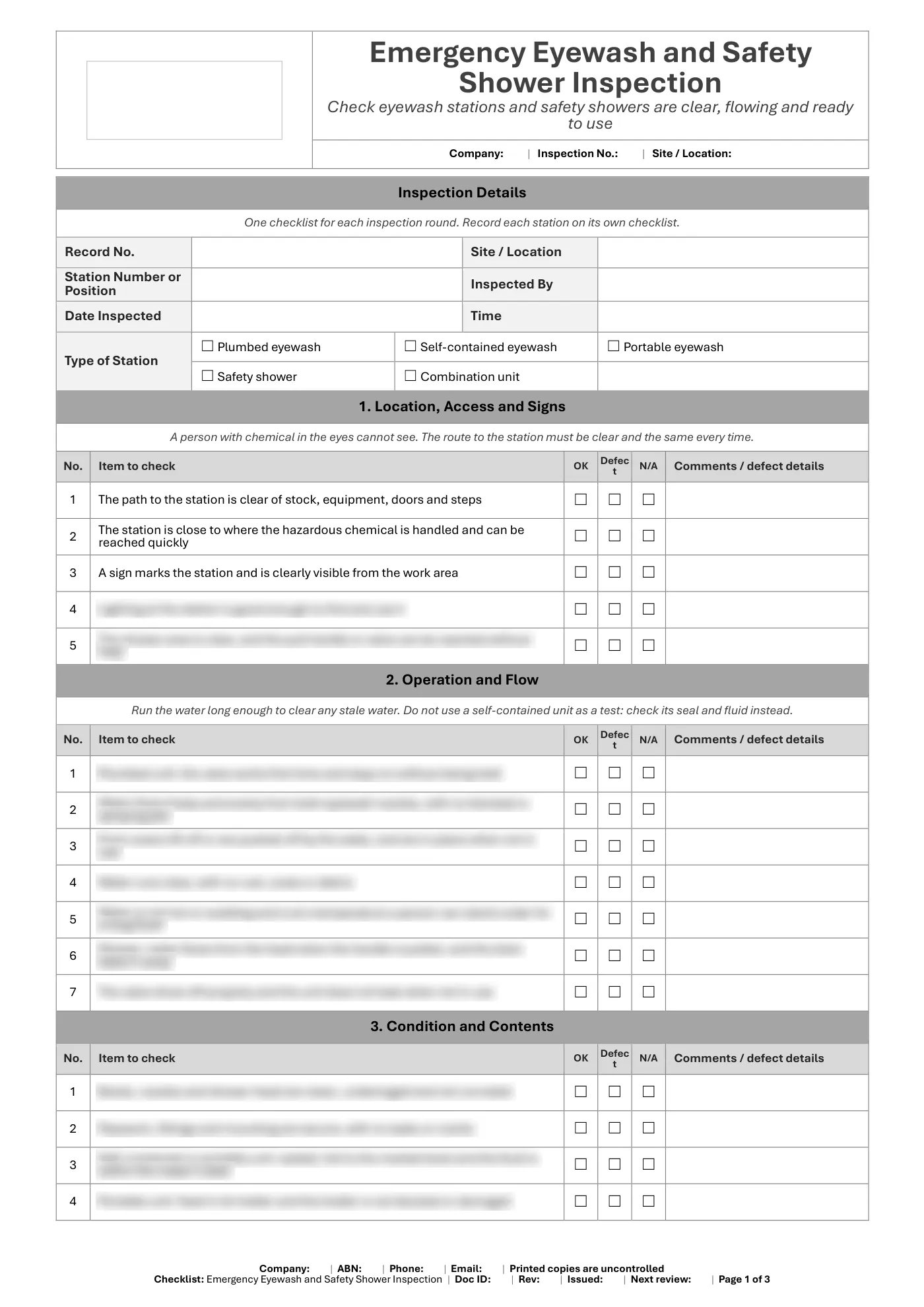 Emergency Eyewash and Safety Shower Inspection Checklist: sample page 1