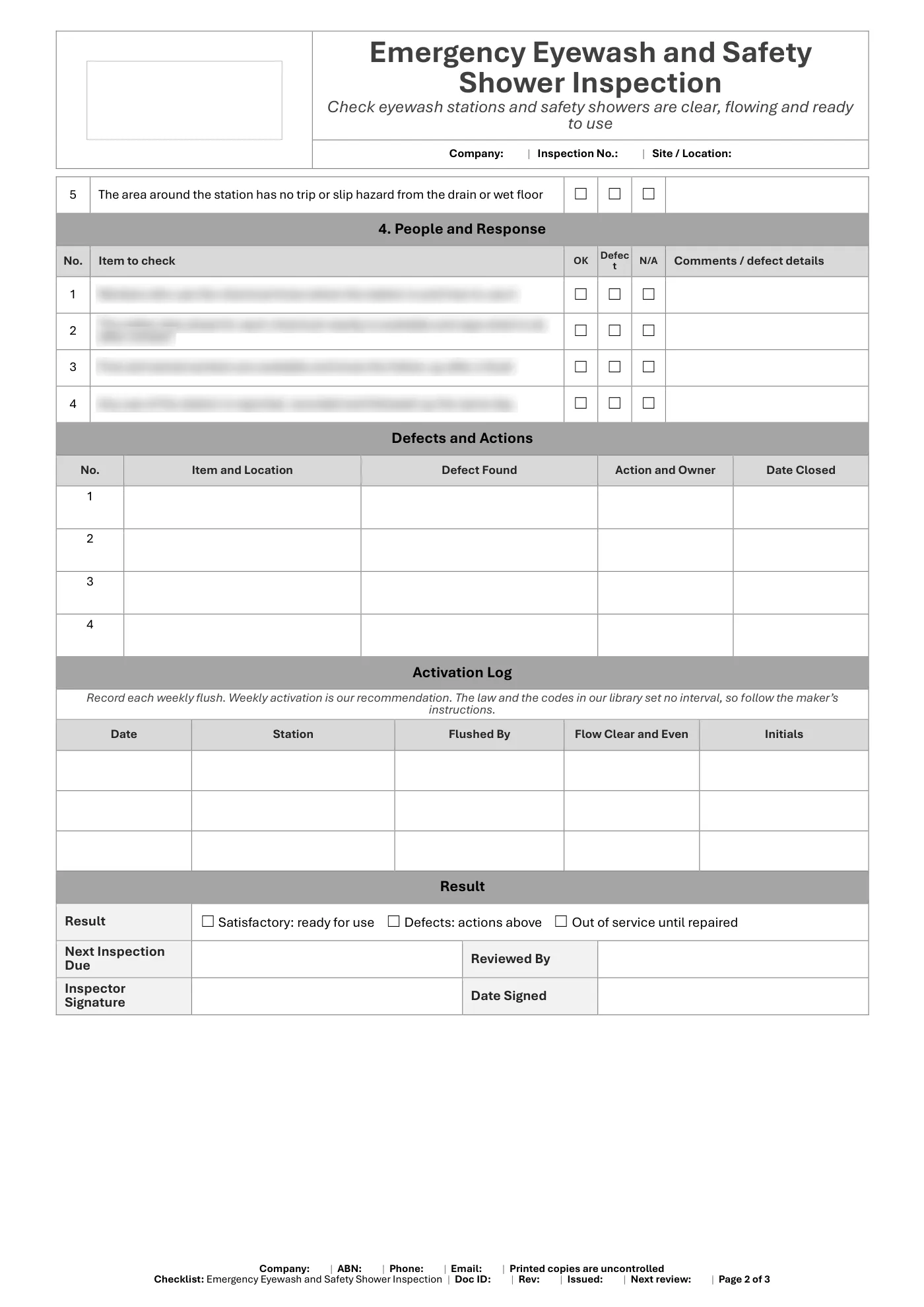 Emergency Eyewash and Safety Shower Inspection Checklist: sample page 2