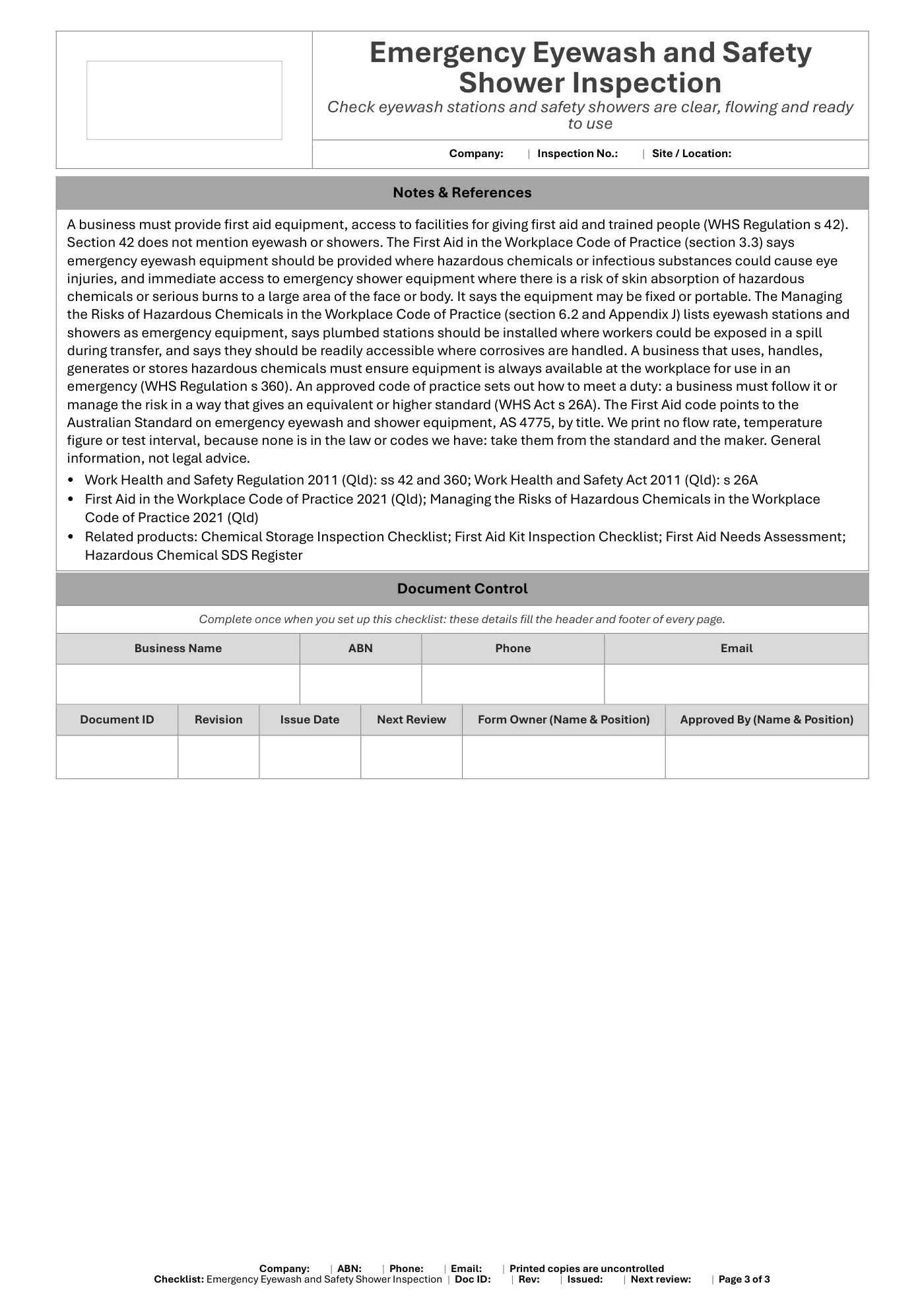 Emergency Eyewash and Safety Shower Inspection Checklist: sample page 3