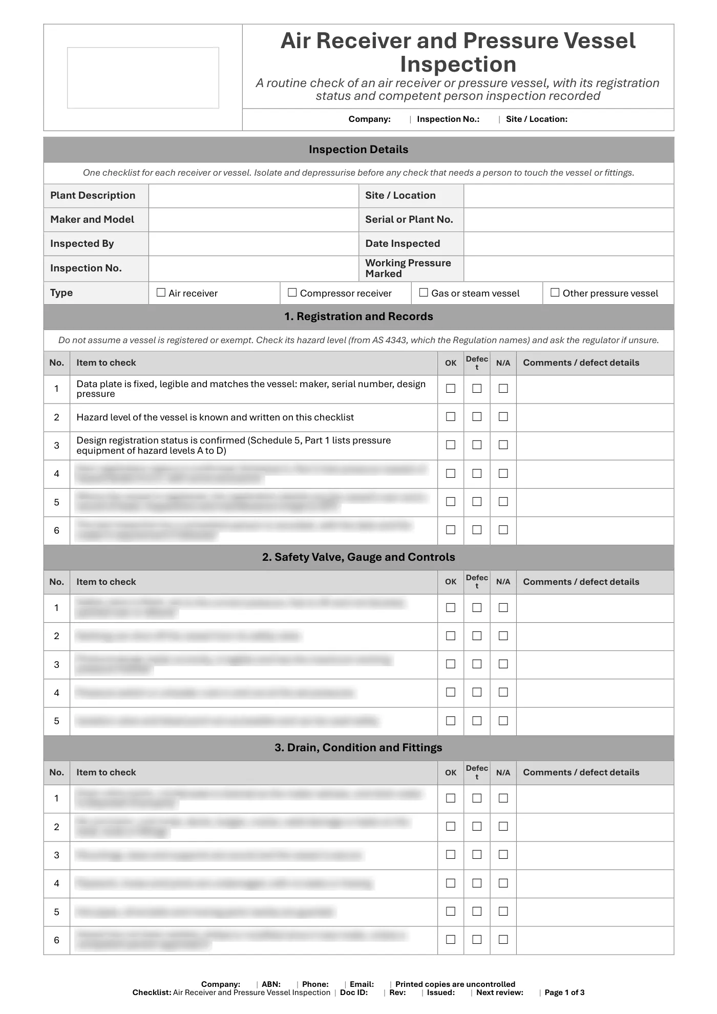 Air Receiver and Pressure Vessel Inspection Checklist: sample page 1